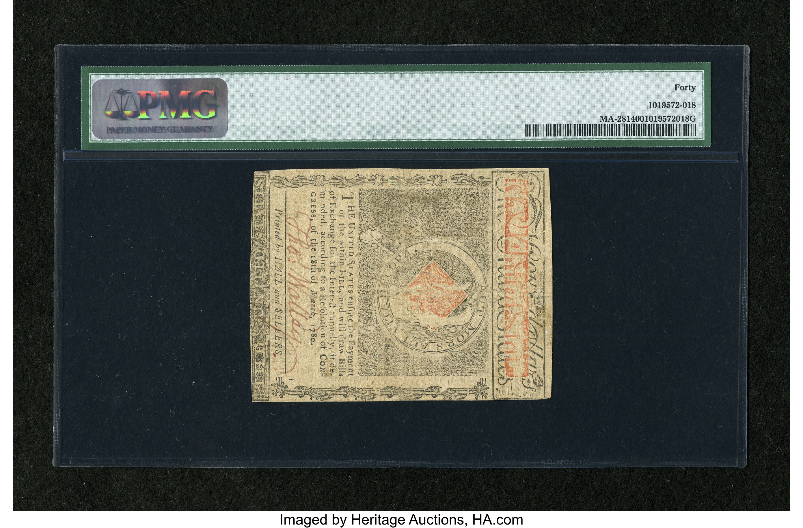 image for: Massachusetts May 5, 1780 $4 Uncancelled PMG Extremely Fine 40....