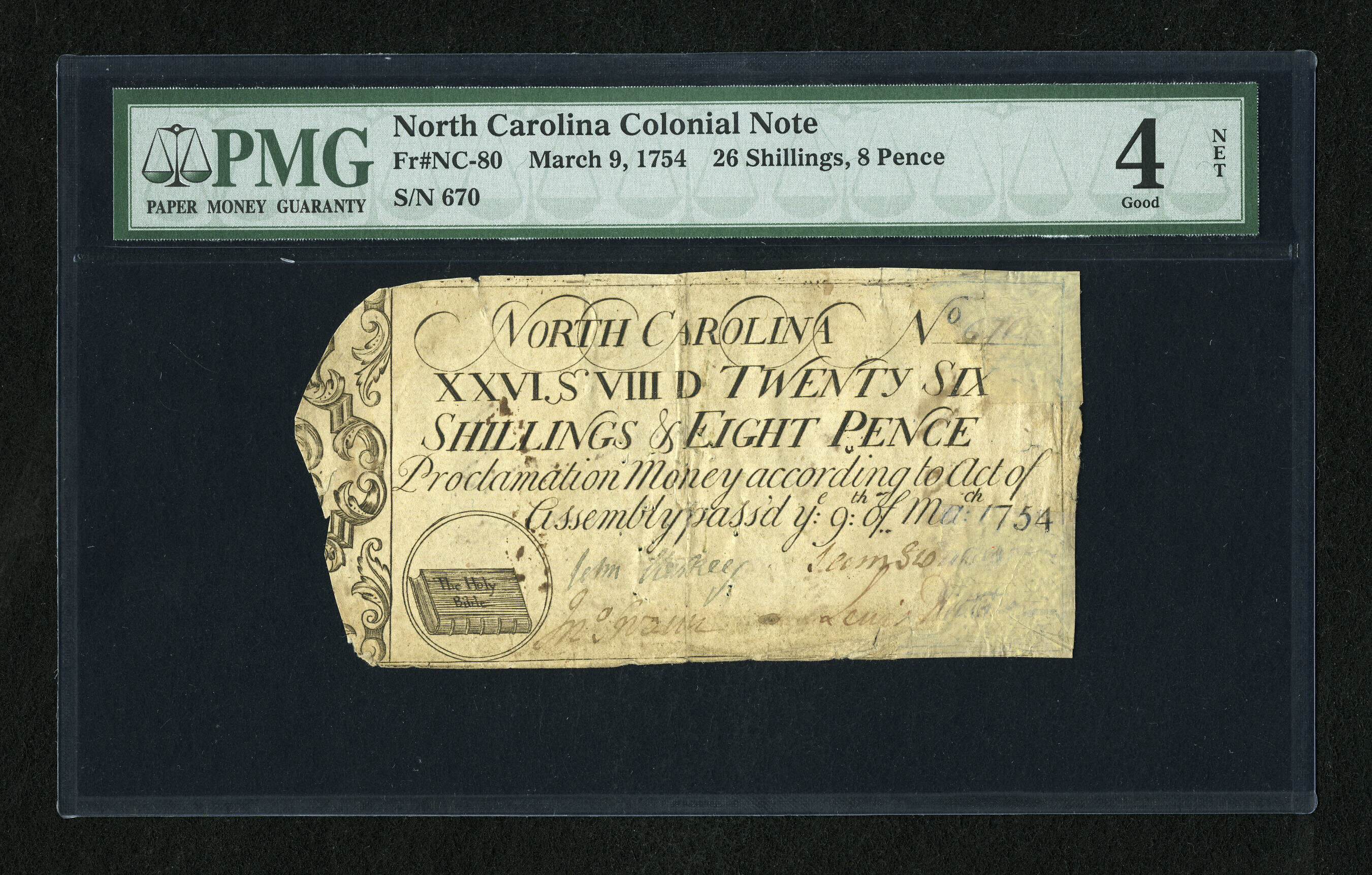 image for: North Carolina March 9, 1754 26s/8d PMG Good 4 Net....
