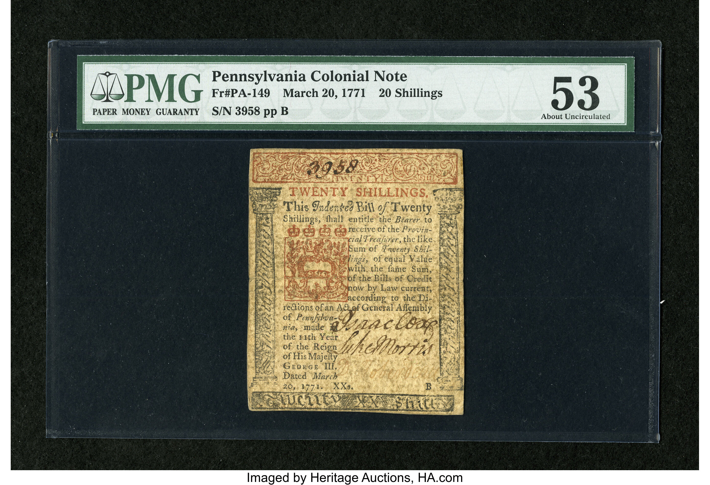 image for: Pennsylvania March 20, 1771 20s PMG About Uncirculated 53....
