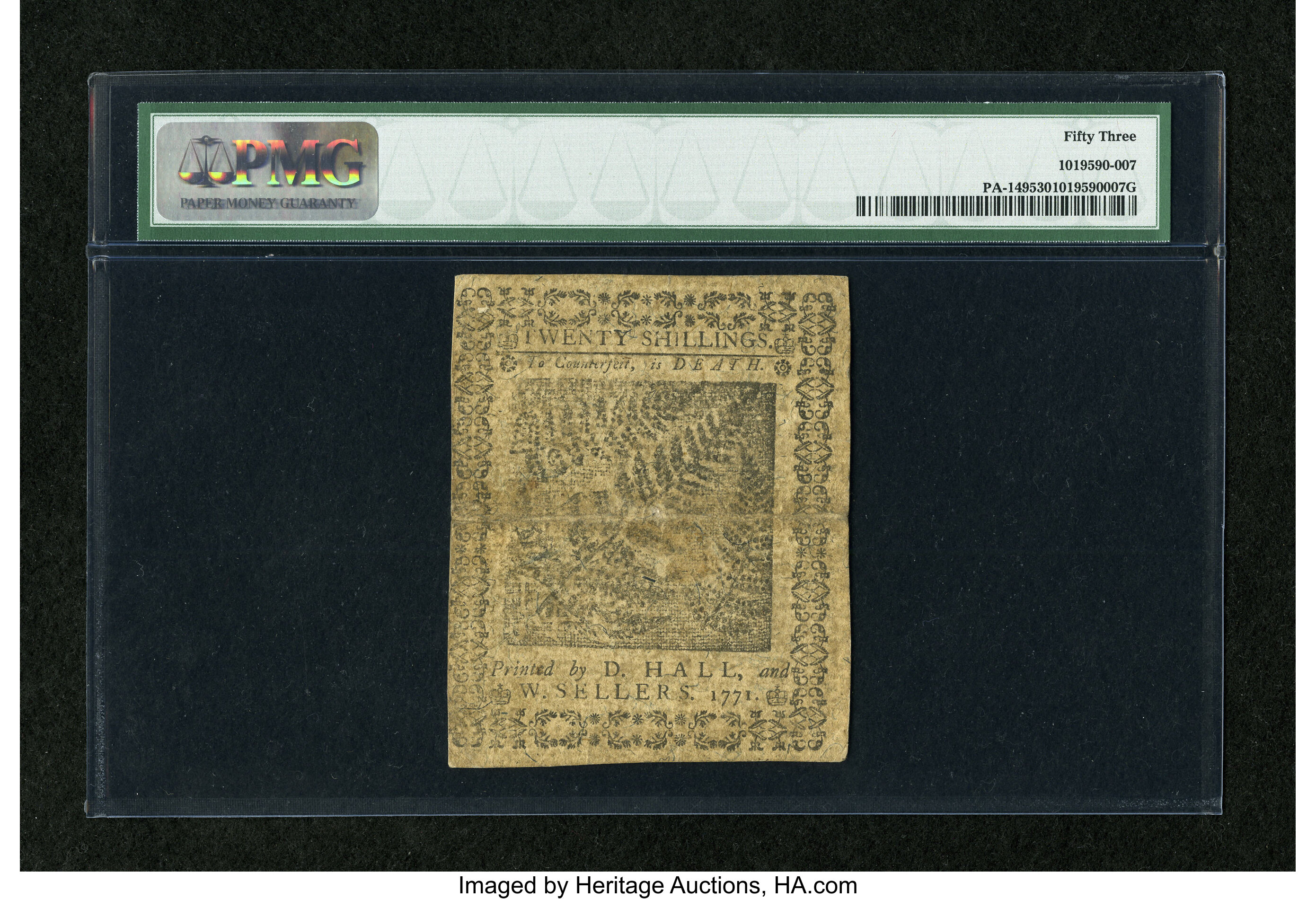 image for: Pennsylvania March 20, 1771 20s PMG About Uncirculated 53....