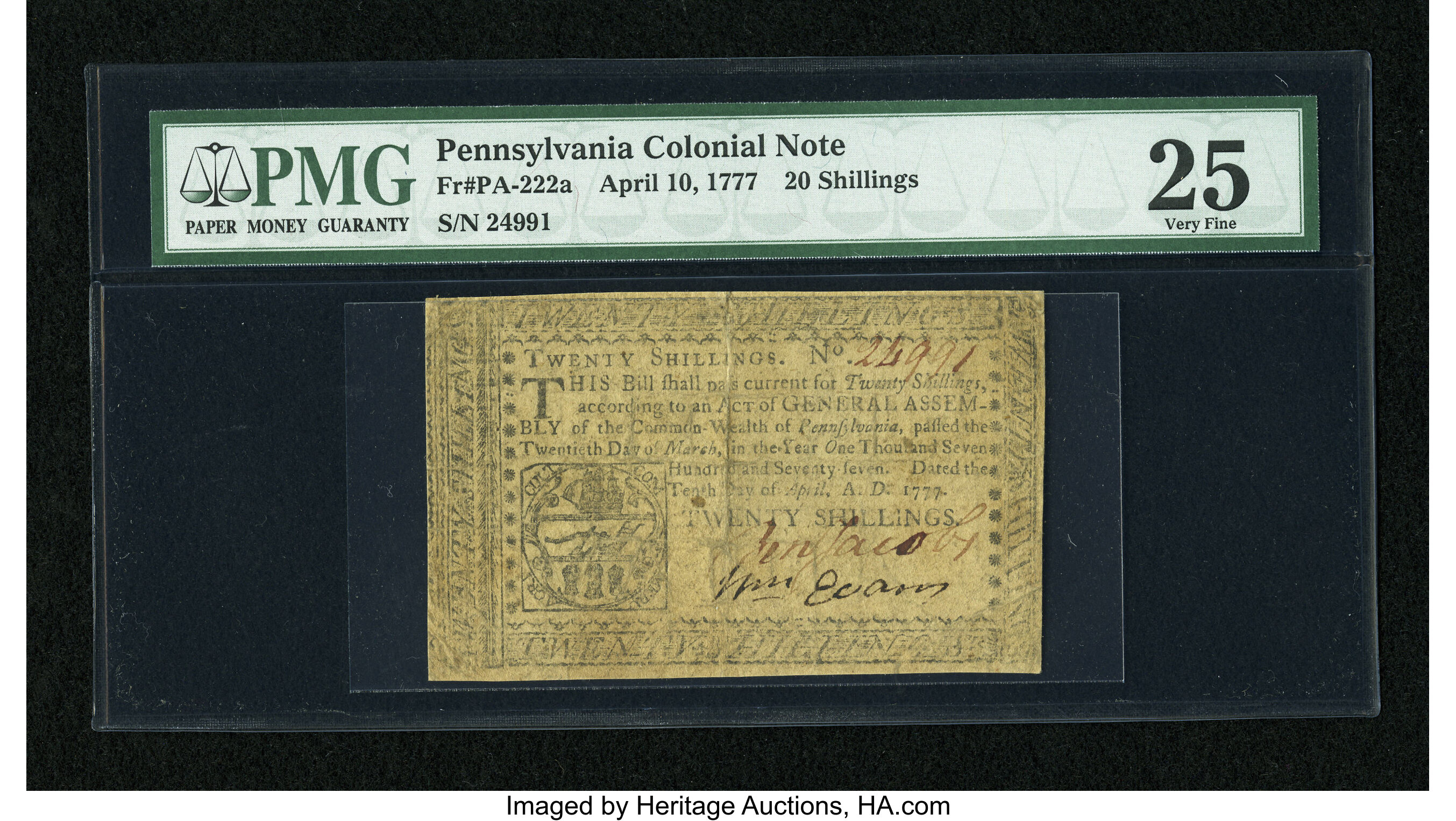 image for: Pennsylvania April 10, 1777 20s with Ben Jacobs signature PMG Very Fine 25....