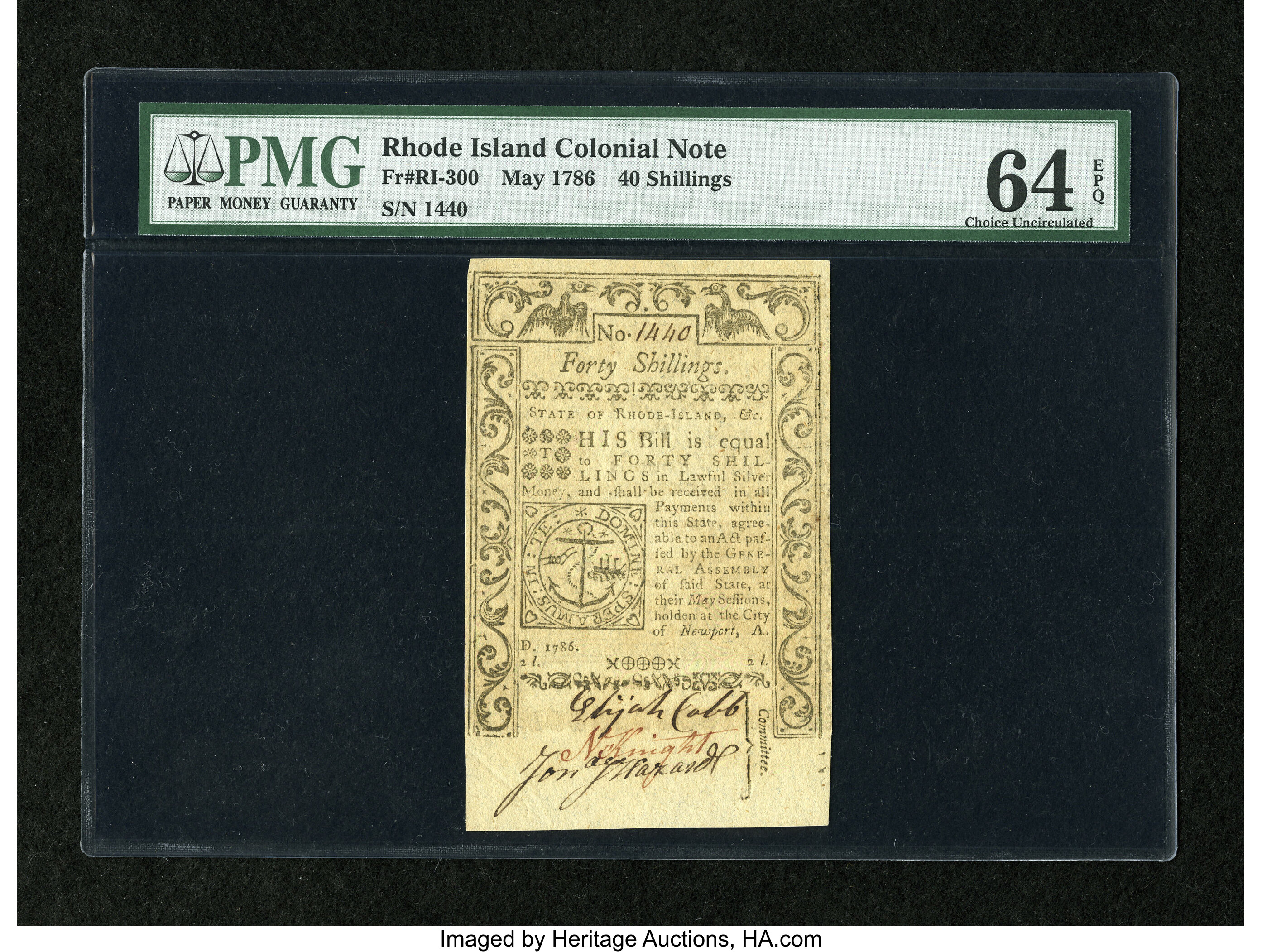 image for: Rhode Island May 1786 40s PMG Choice Uncirculated 64 EPQ....