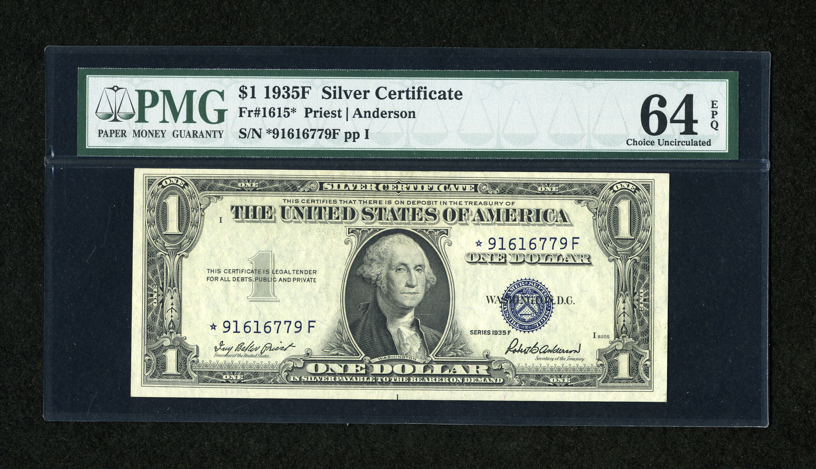 image for: Fr. 1615* $1 1935F Silver Certificate Star. PMG Choice Uncirculated 64 EPQ....