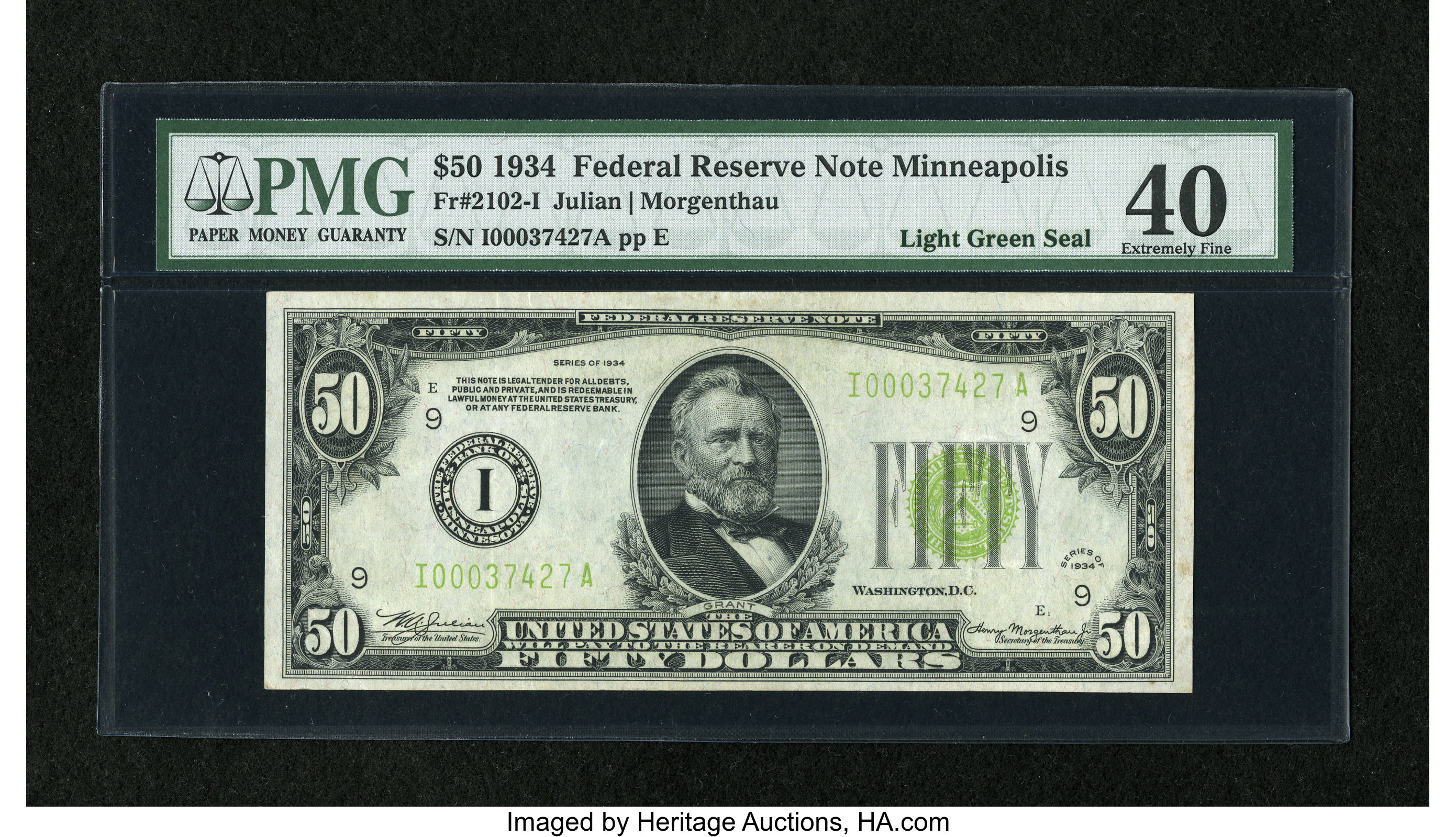 image for: Fr. 2102-I $50 1934 LGS Federal Reserve Note. PMG Extremely Fine 40....