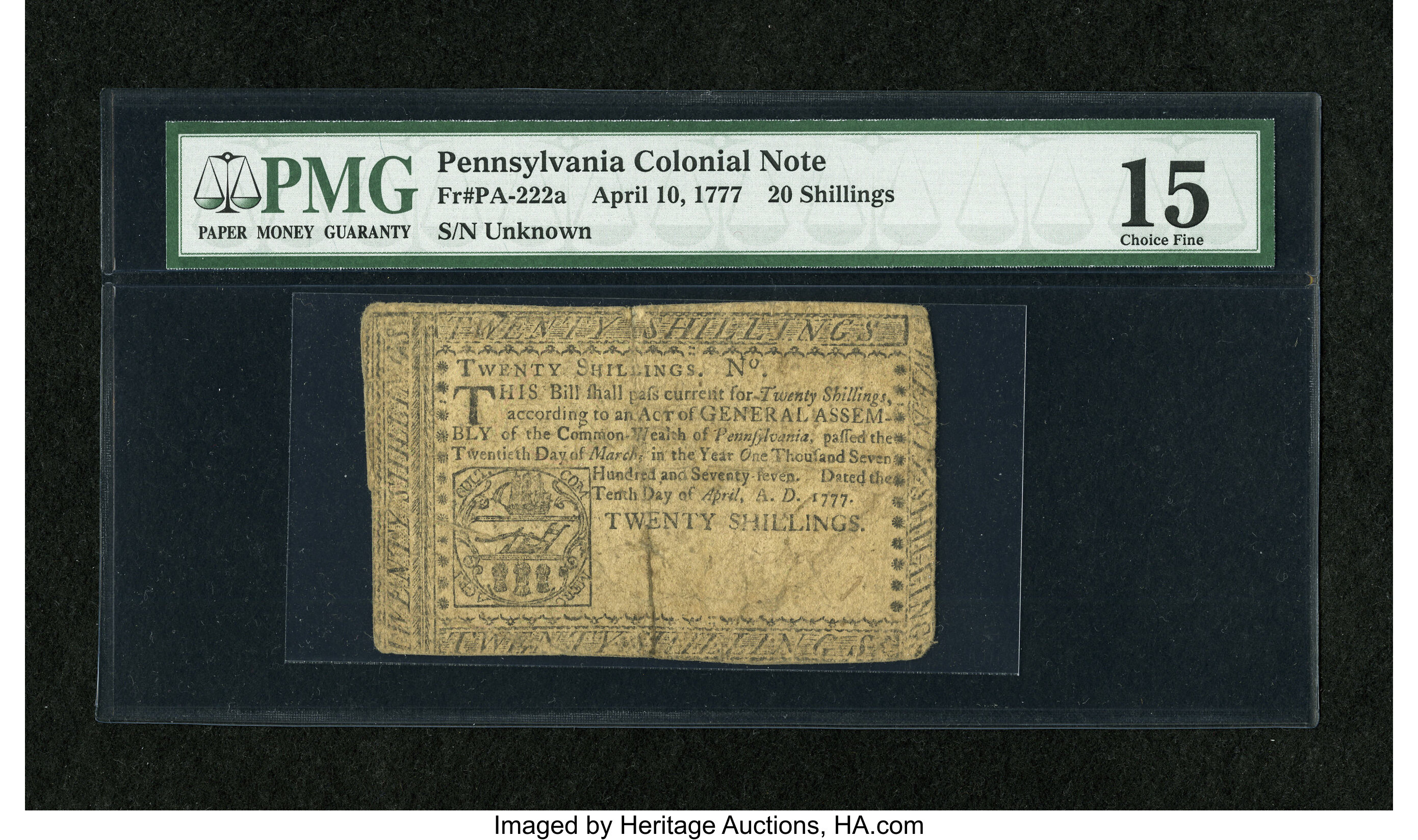 image for: Pennsylvania April 10, 1777 20s PMG Choice Fine 15....