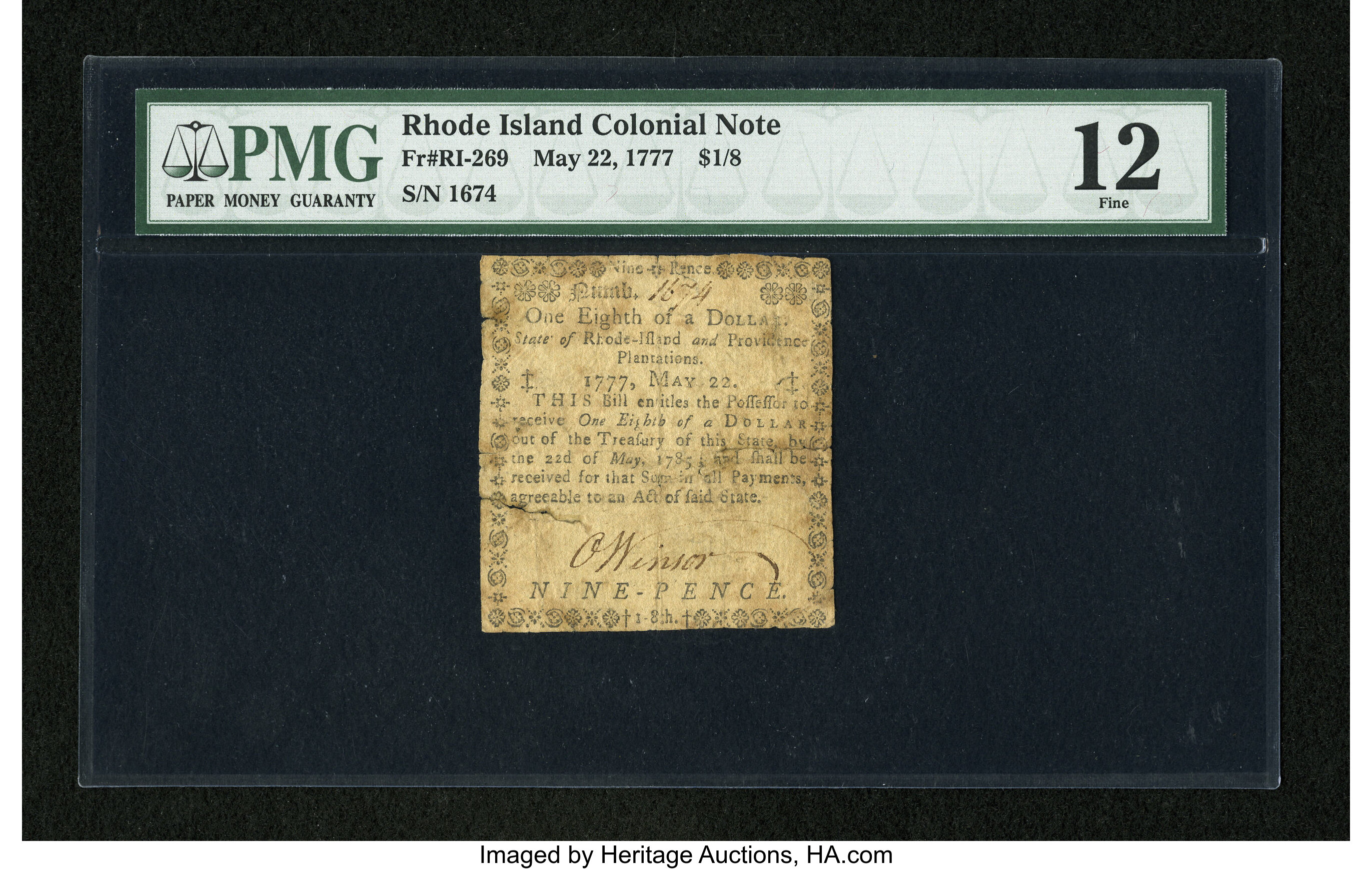 image for: Rhode Island May 22, 1777 $1/8 PMG Fine 12....