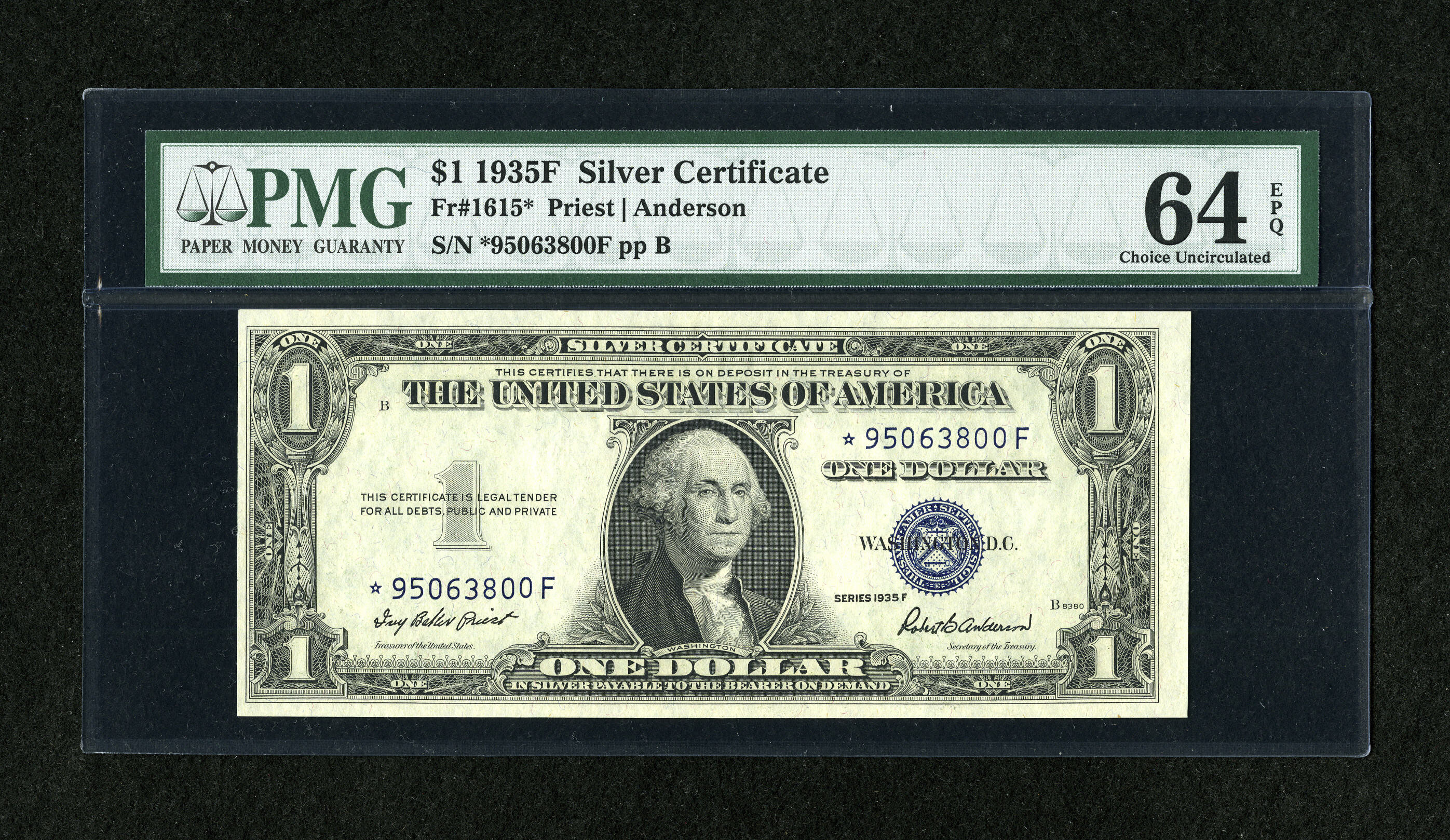 image for: Fr. 1615* $1 1935F Silver Certificate Star. PMG Choice Uncirculated 64 EPQ....