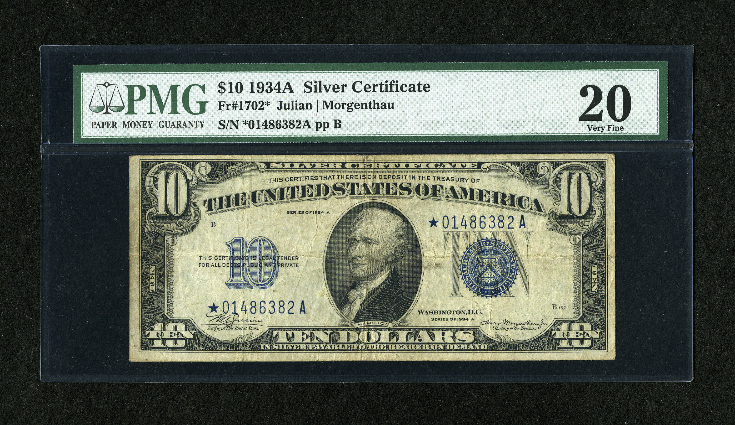 image for: Fr. 1702* $10 1934A Silver Certificate Star. PMG Very Fine 20....