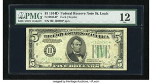 image for: Fr. 1960-H* $5 1934D Federal Reserve Note. PMG Fine 12....