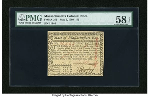image for: Massachusetts May 5, 1780 $2 Pen Cancelled PMG Choice About Unc 58 EPQ....