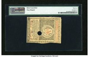 image for: Massachusetts May 5, 1780 $3 Hole Cancel PMG About Uncirculated 55 Net....