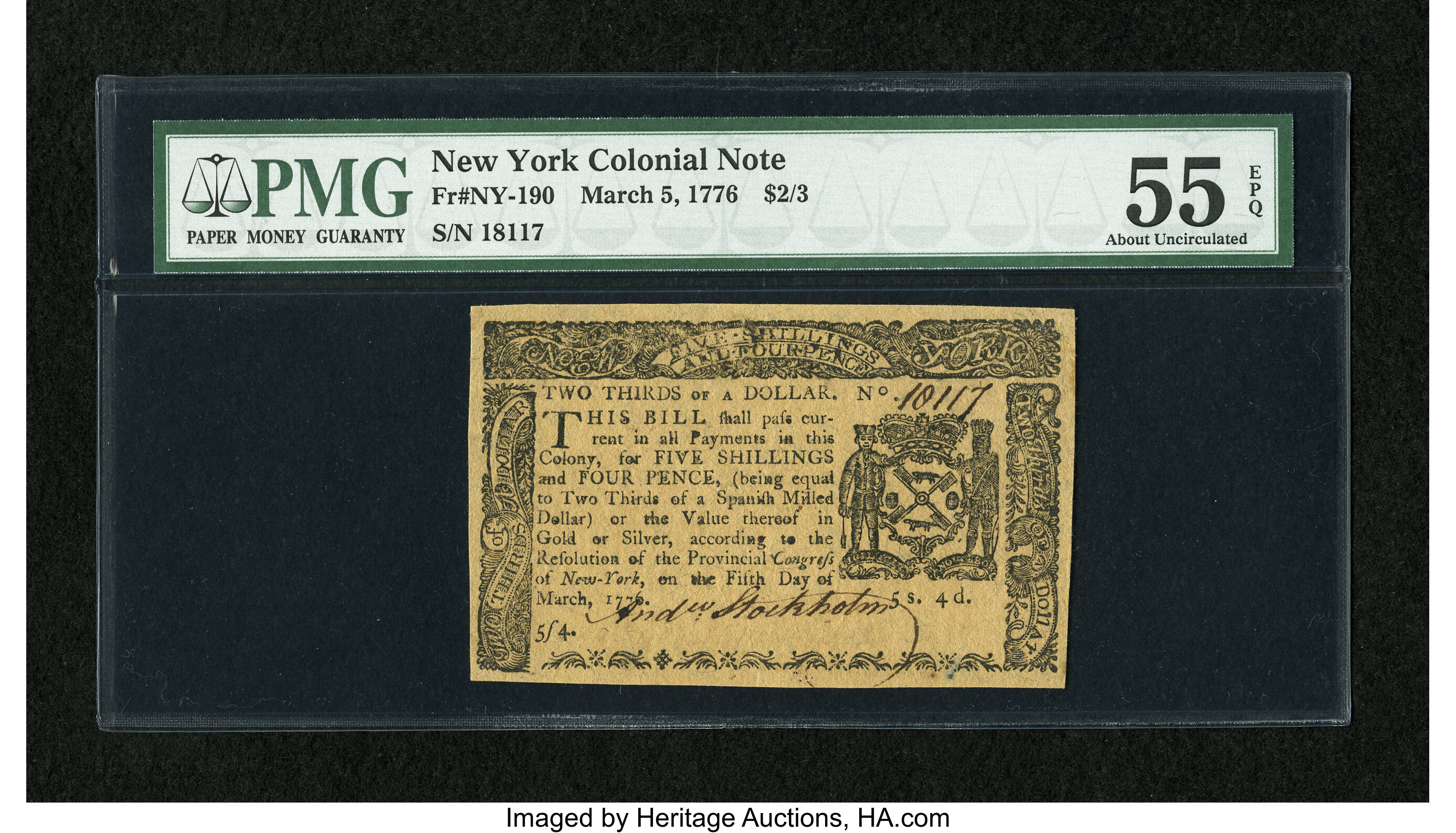 image for: New York March 5, 1776 $2/3 PMG About Uncirculated 55 EPQ....