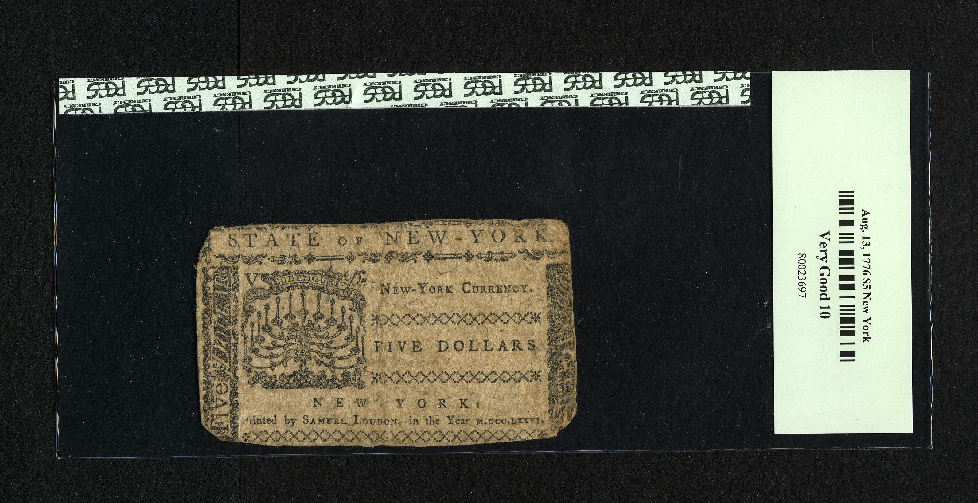 image for: New York August 13, 1776 $5 PCGS Very Good 10....