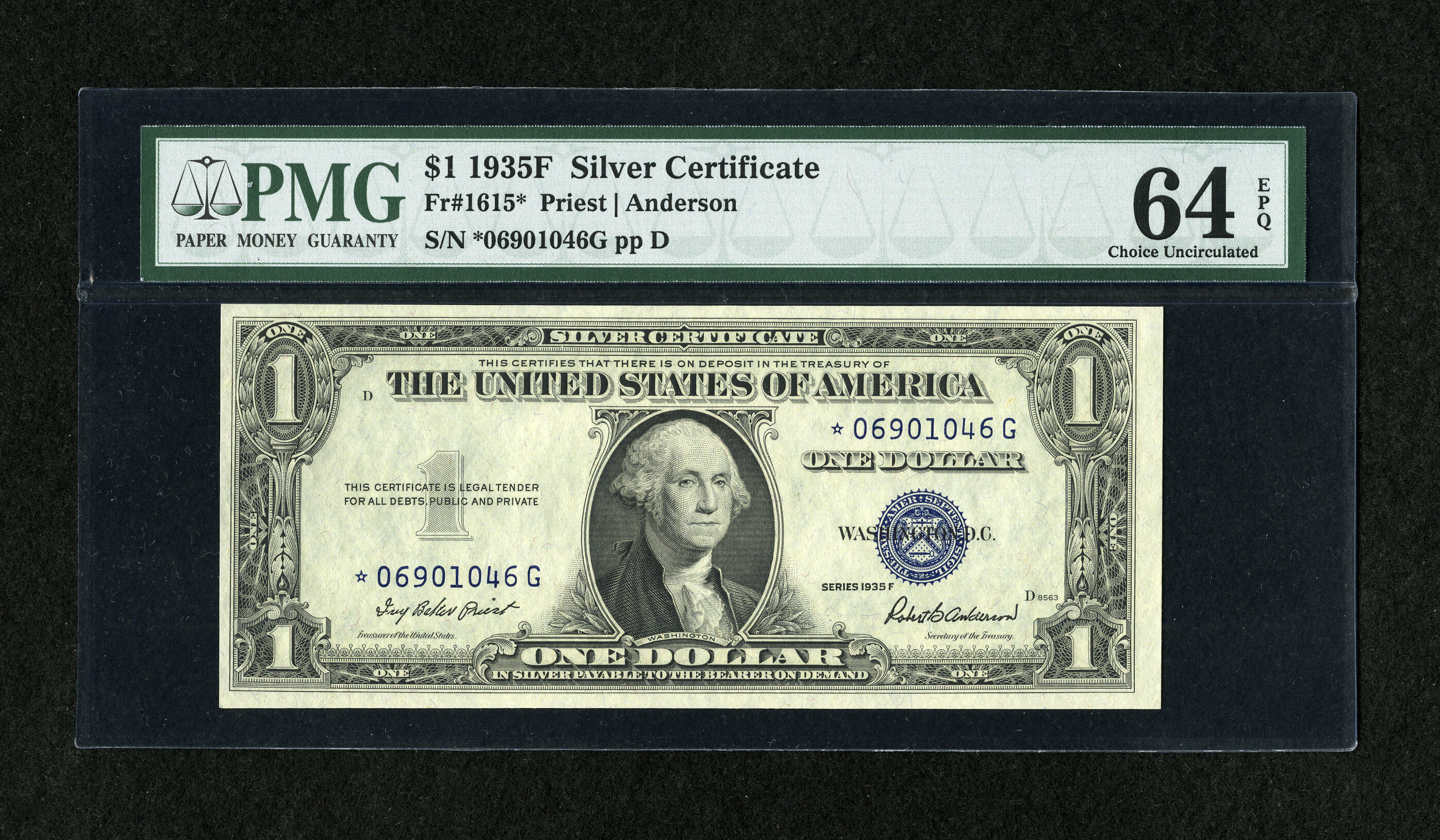 image for: Fr. 1615* $1 1935F Silver Certificate Star. PMG Choice Uncirculated 64 EPQ....