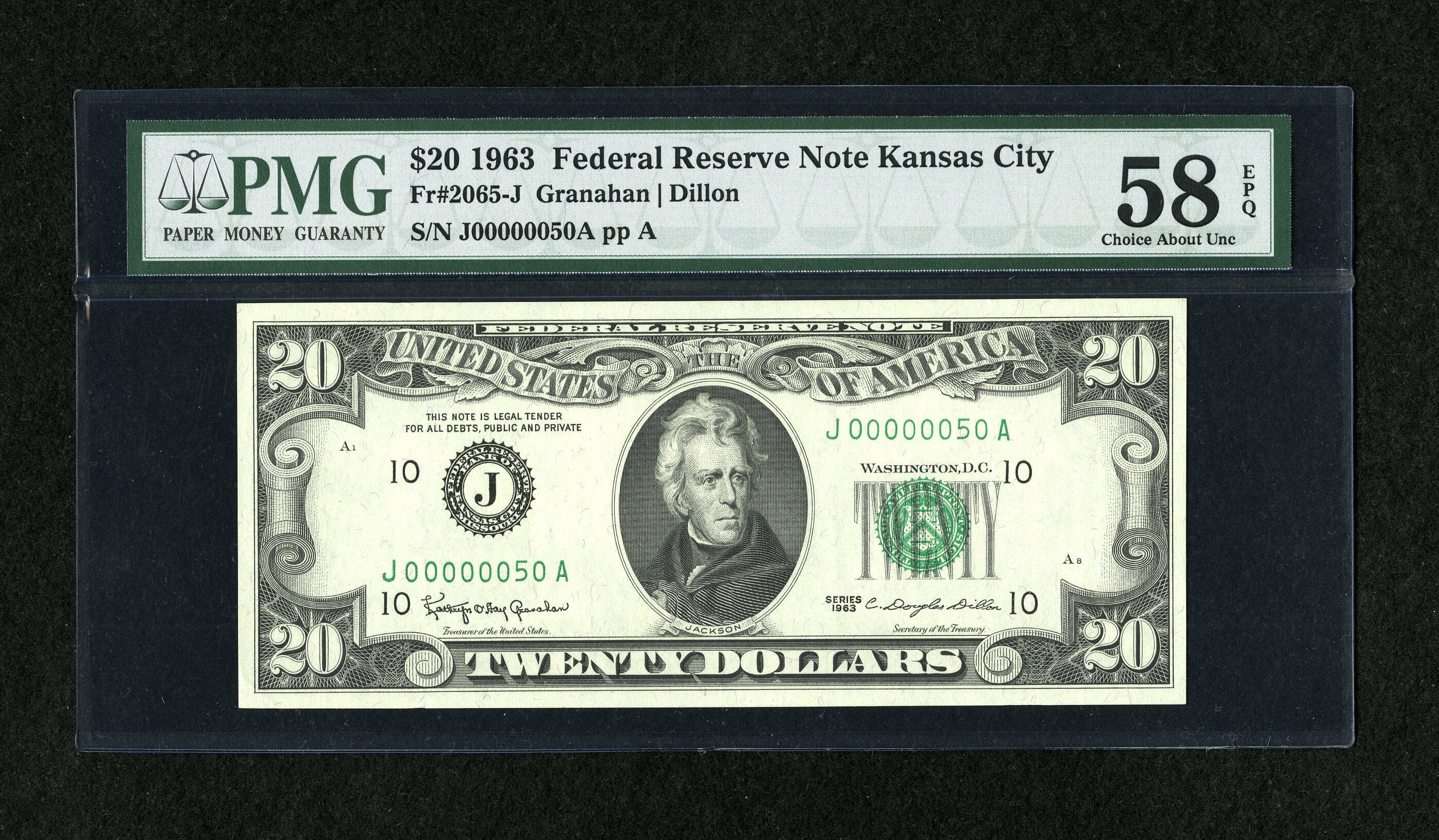 image for: Low Serial Number Fr. 2065-J $20 1963 Federal Reserve Note. PMG Choice About Unc 58 EPQ....