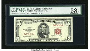 image for: Fr. 1532* $5 1953 Legal Tender Star Note. PMG Choice About Unc 58 EPQ....