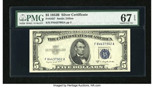 image for: Fr. 1657 $5 1953B Silver Certificate. PMG Superb Gem Unc 67 EPQ....