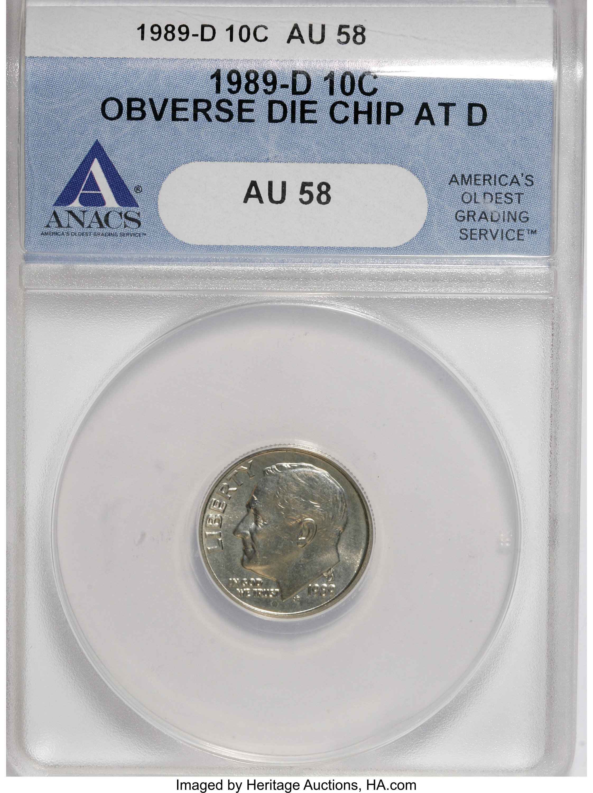 image for: 1989-D 10C Obverse Die Chip AT D AU58 ANACS. NGC Census: (0/48). PCGS Population (1/178). Mintage: 896,535,616. Numismedia ...