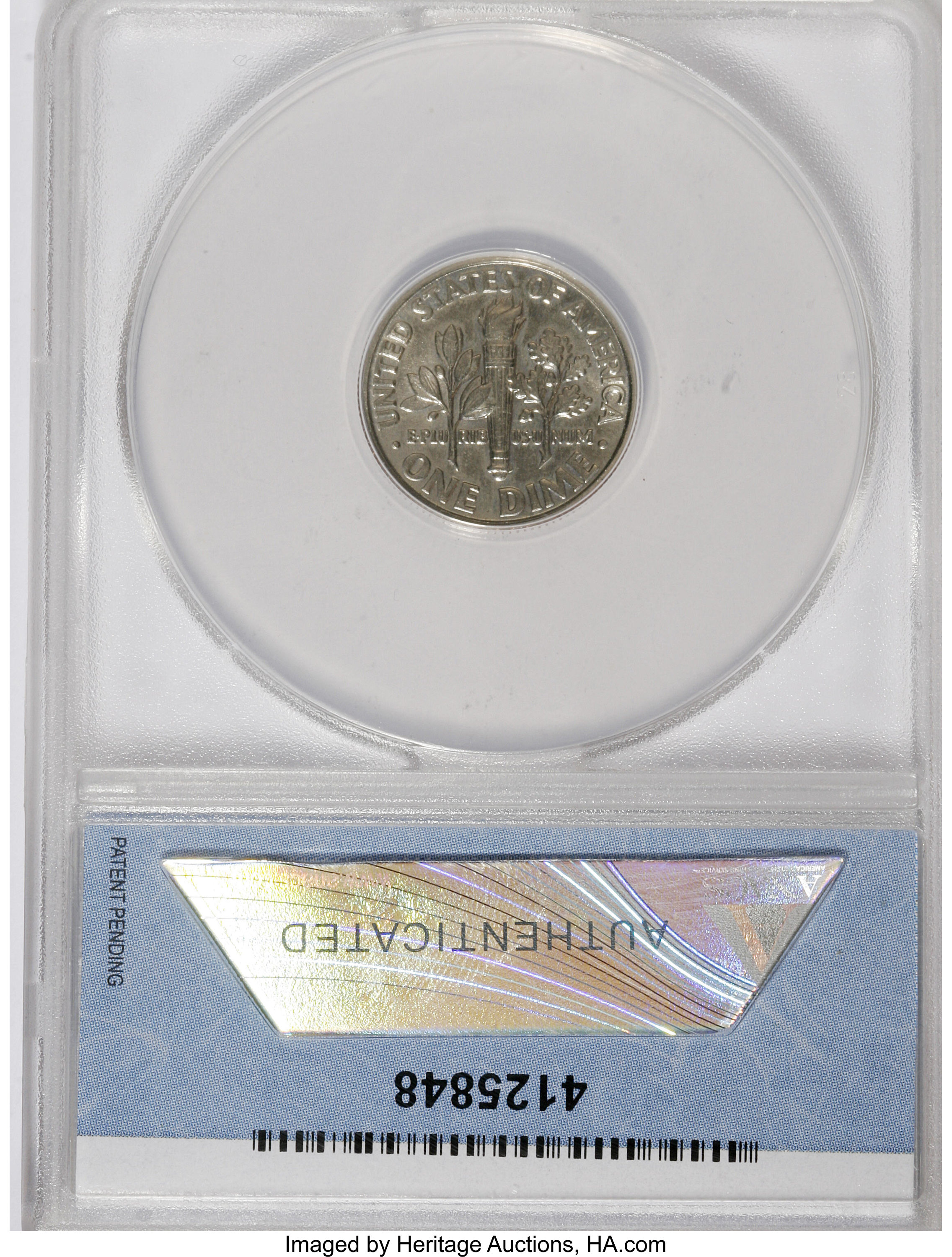 image for: 1989-D 10C Obverse Die Chip AT D AU58 ANACS. NGC Census: (0/48). PCGS Population (1/178). Mintage: 896,535,616. Numismedia ...
