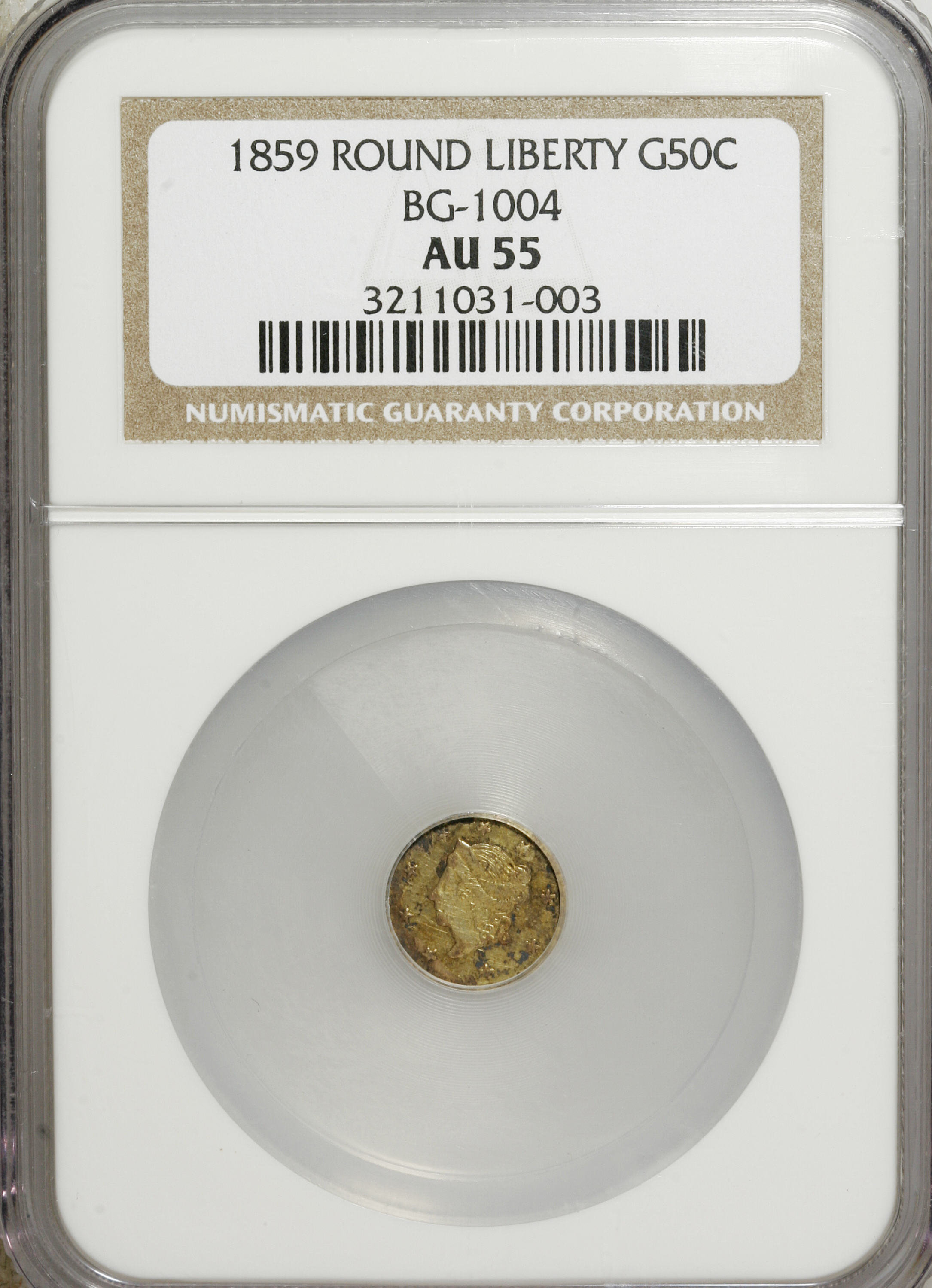 image for: 1859 50C Liberty Round 50 Cents, BG-1004, Low R.6, AU55 NGC. NGC Census: (1/2). PCGS Population (0/13).   (#10833)...