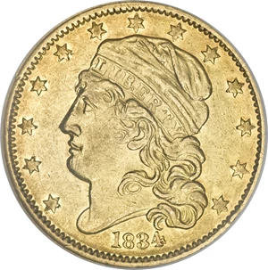 image for: 1834 $5 Capped Head, Crosslet 4 AU55 NGC....