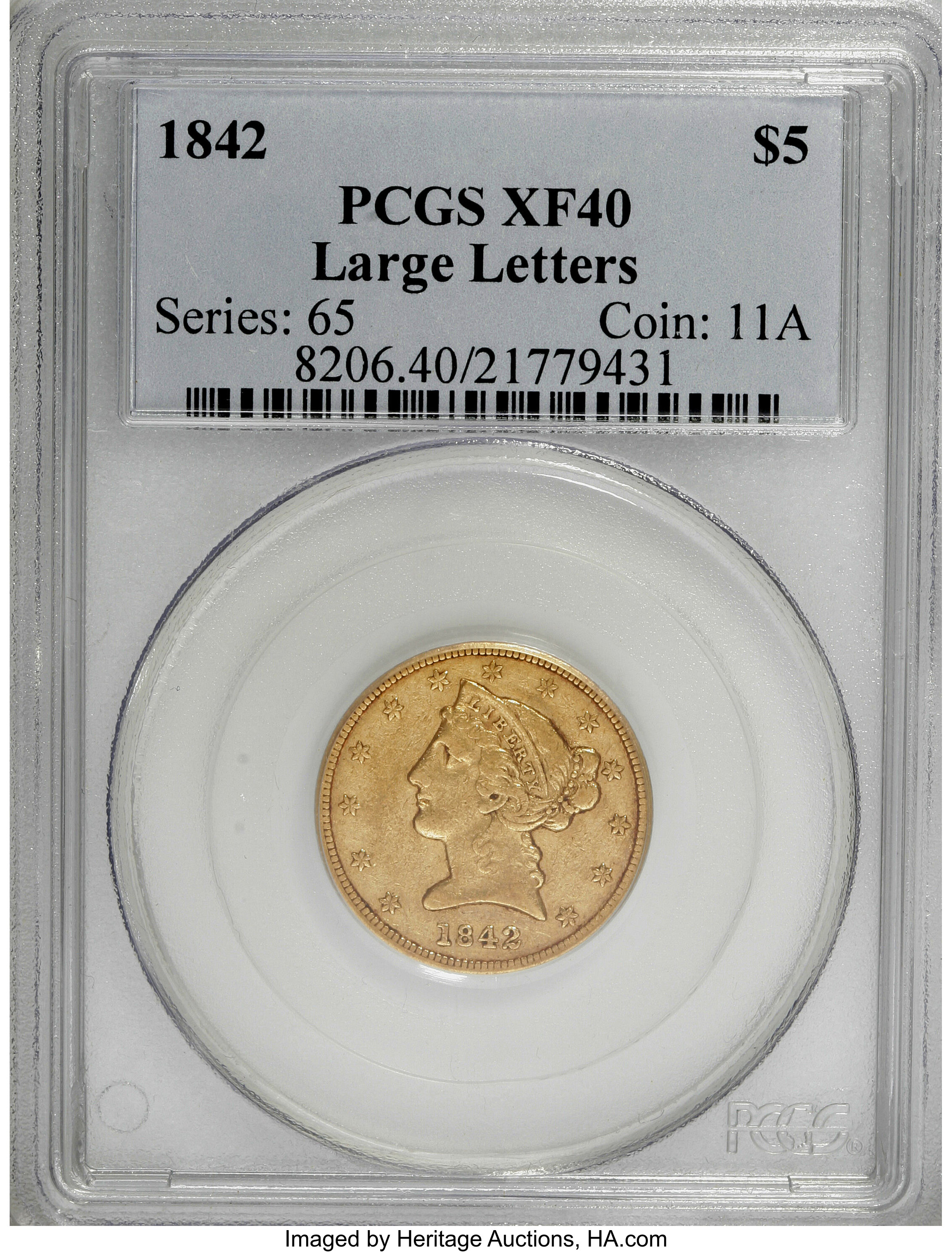 image for: 1842 $5 Large Letters XF40 PCGS....