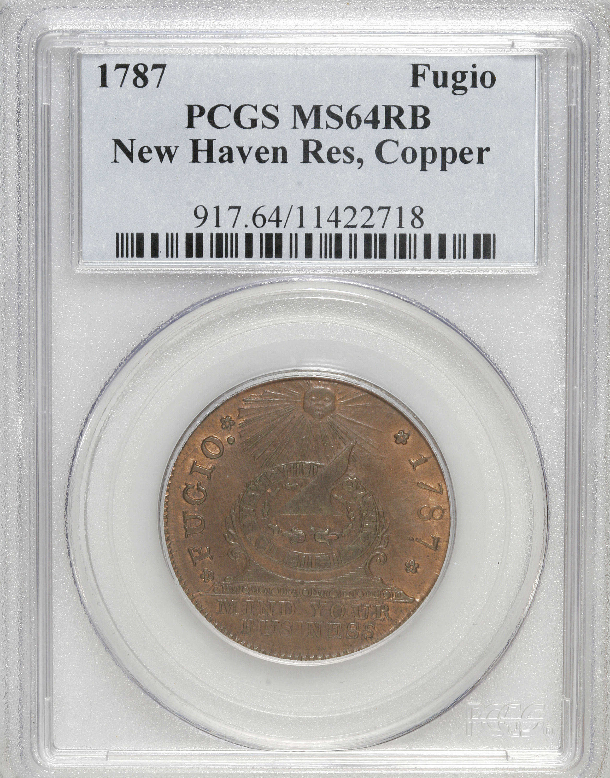 image for: 1787 1C Fugio Cent, New Haven Restrike, Copper MS64 Red and Brown PCGS. PCGS Population (13/17). NGC Census: (0/0).   (#917...