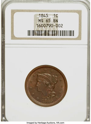 image for: 1845 1C MS65 Brown NGC....