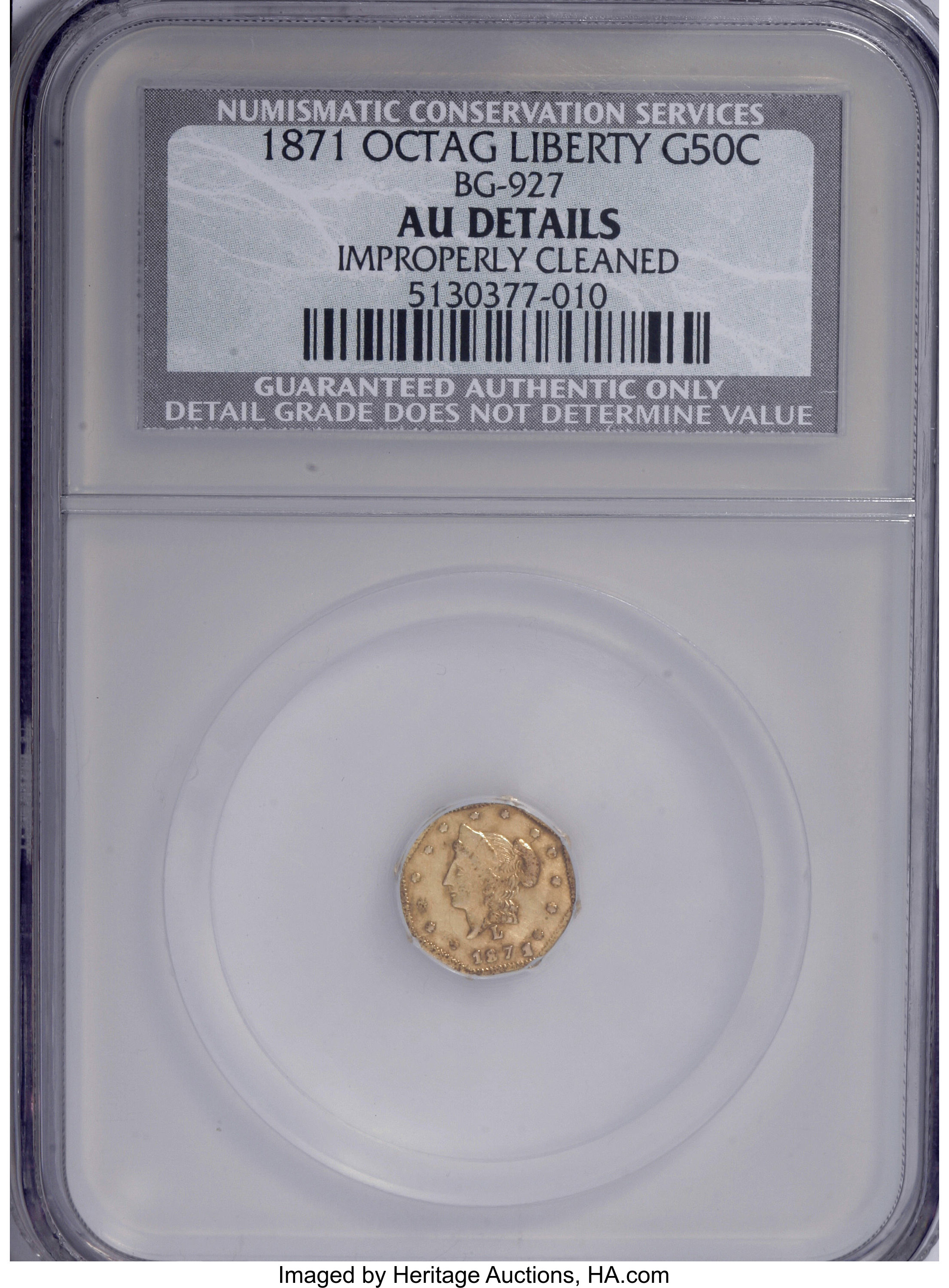 image for: 1871 50C Liberty Octagonal 50 Cents, BG-927, Low R.5,--Improperly Cleaned--NCS. AU Details. NGC Census: (0/5). PCGS Populat...