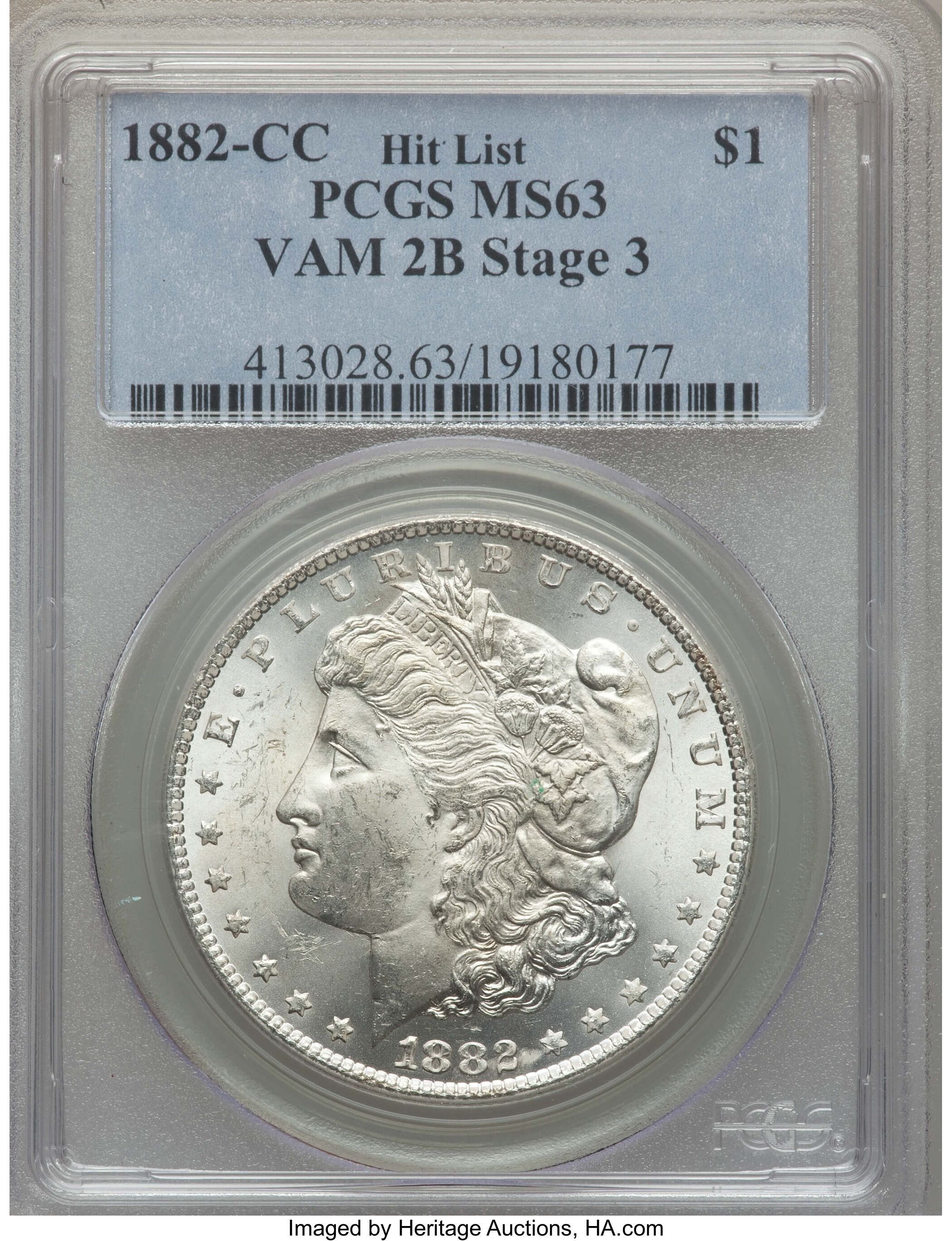 image for: 1882-CC $1 VAM-2B, Stage 3, MS63 PCGS.  Hit List. PCGS Population: (15/44). NGC Census: (0/0).  ...