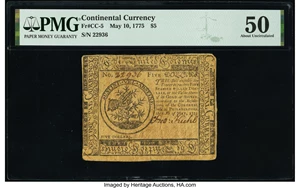 image for: Continental Currency May 10, 1775 $5 PMG About Uncirculated 50....