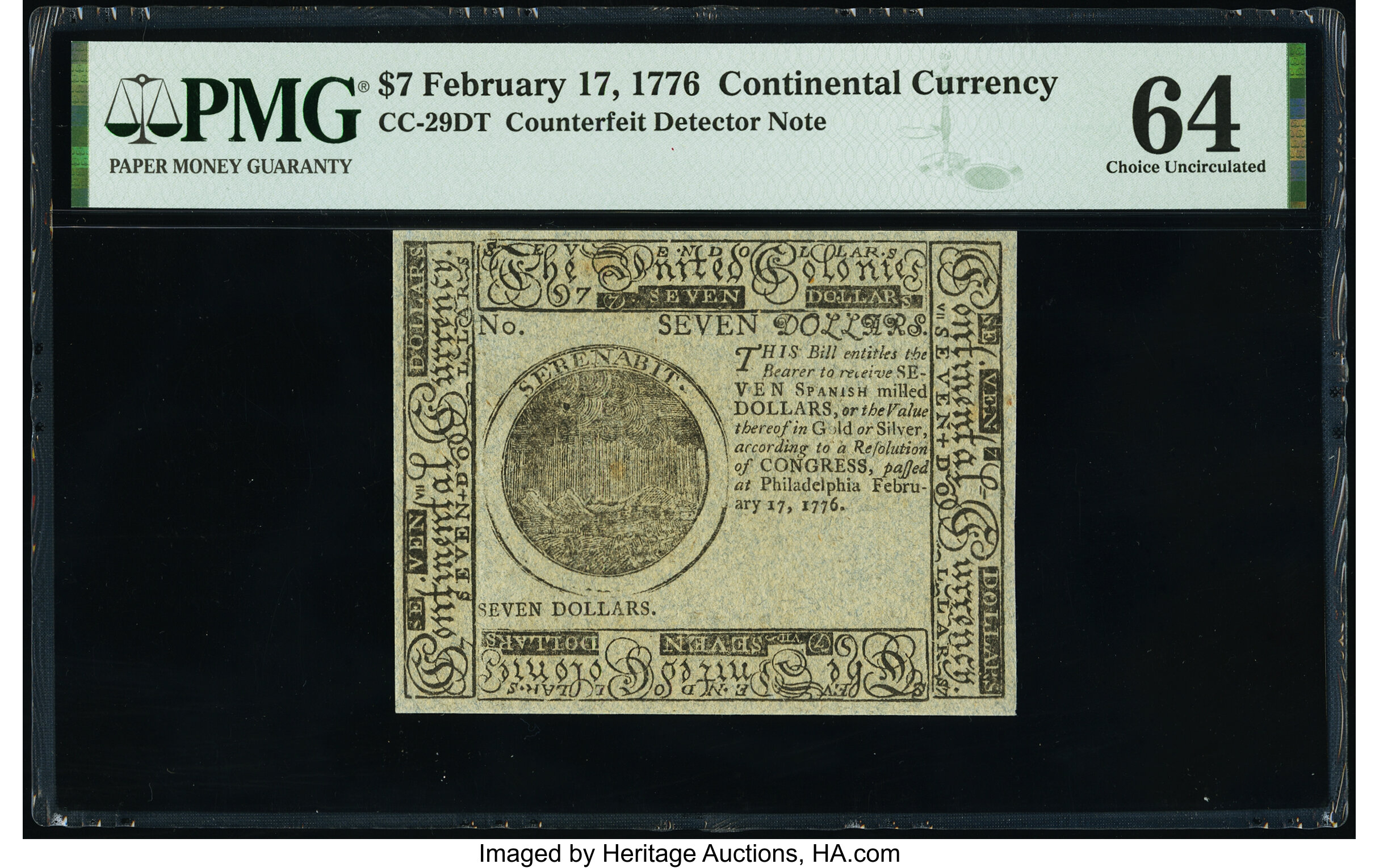image for: Continental Currency February 17, 1776 $7 Blue Counterfeit Detector PMG Choice Uncirculated 64....