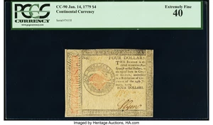 image for: Continental Currency January 14, 1779 $4 PCGS Extremely Fine 40....