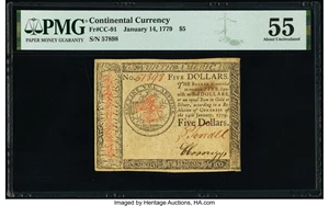 image for: Continental Currency January 14, 1779 $5 PMG About Uncirculated 55....