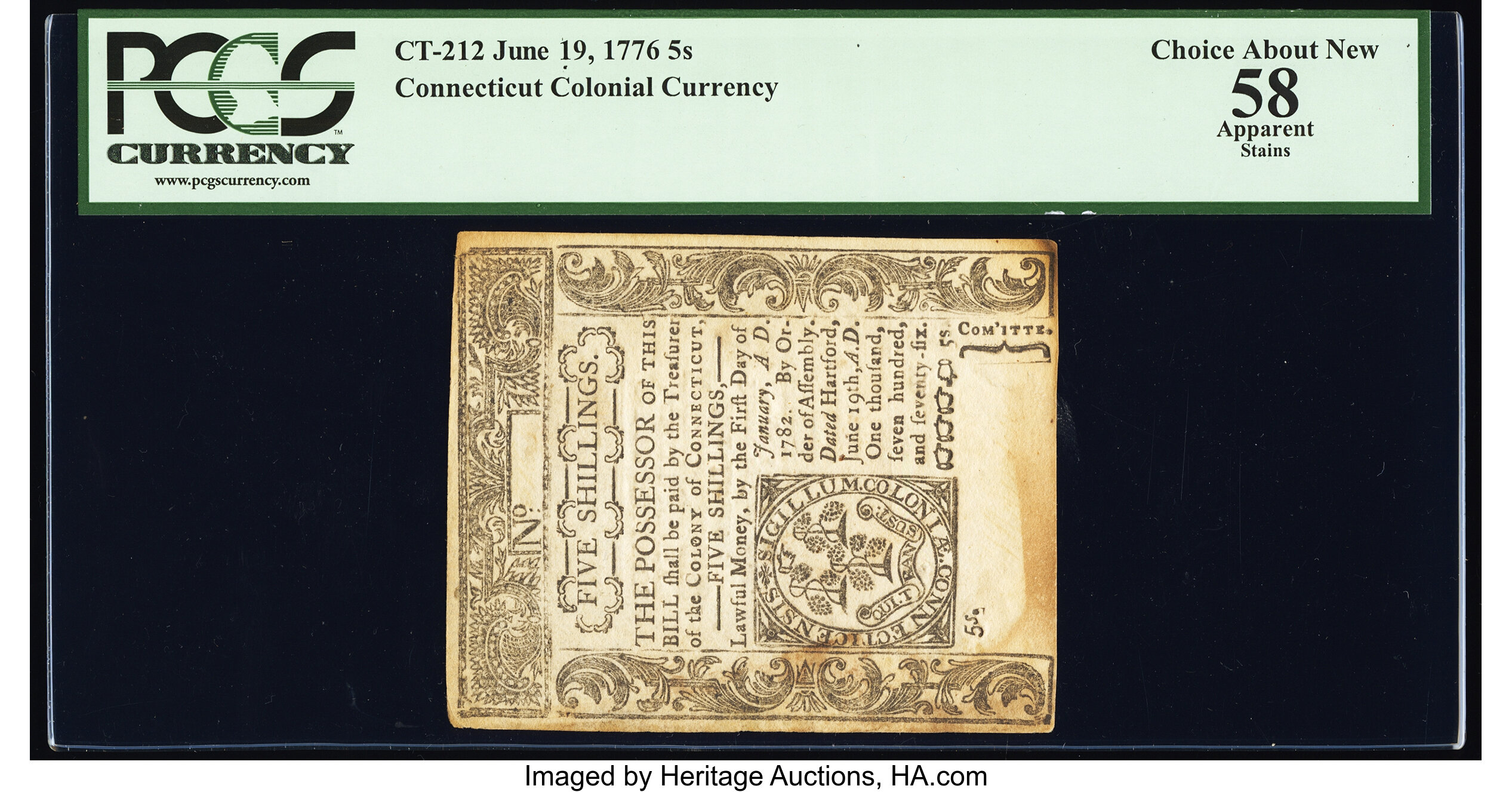 image for: Connecticut June 19, 1776 5s PCGS Apparent Choice About New 58....