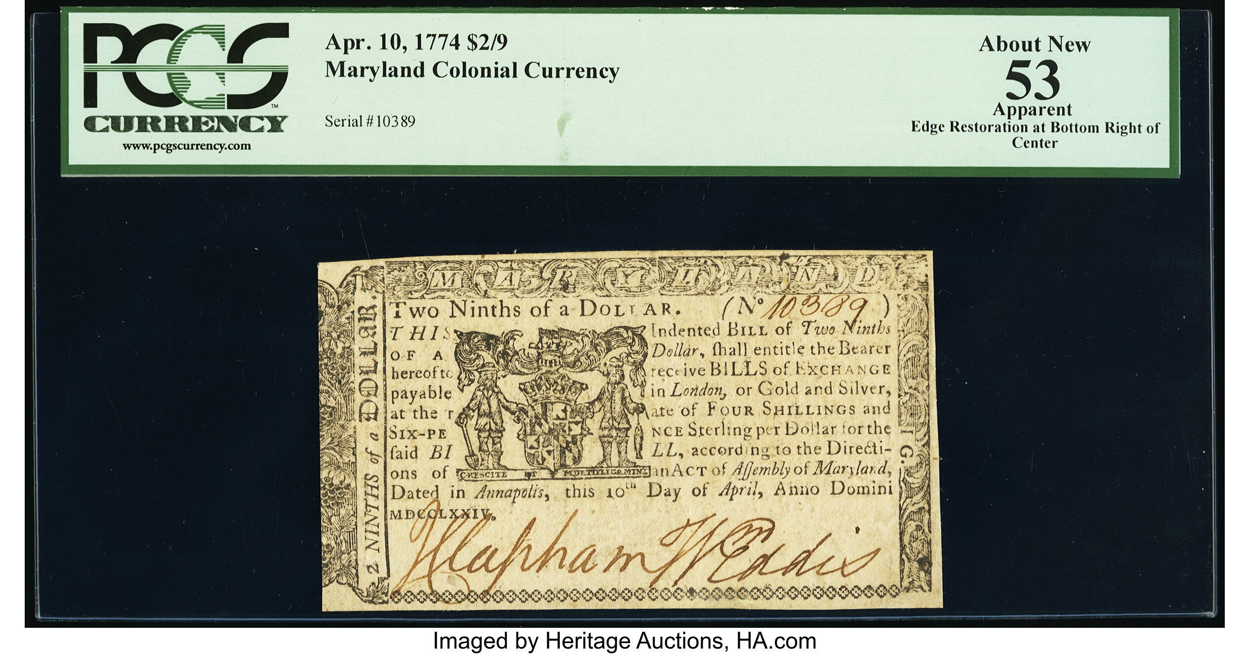 image for: Maryland April 10, 1774 $2/9 PCGS Apparent About New 53....