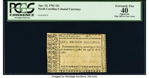 image for: North Carolina April 23, 1761 15s PCGS Apparent Extremely Fine 40....