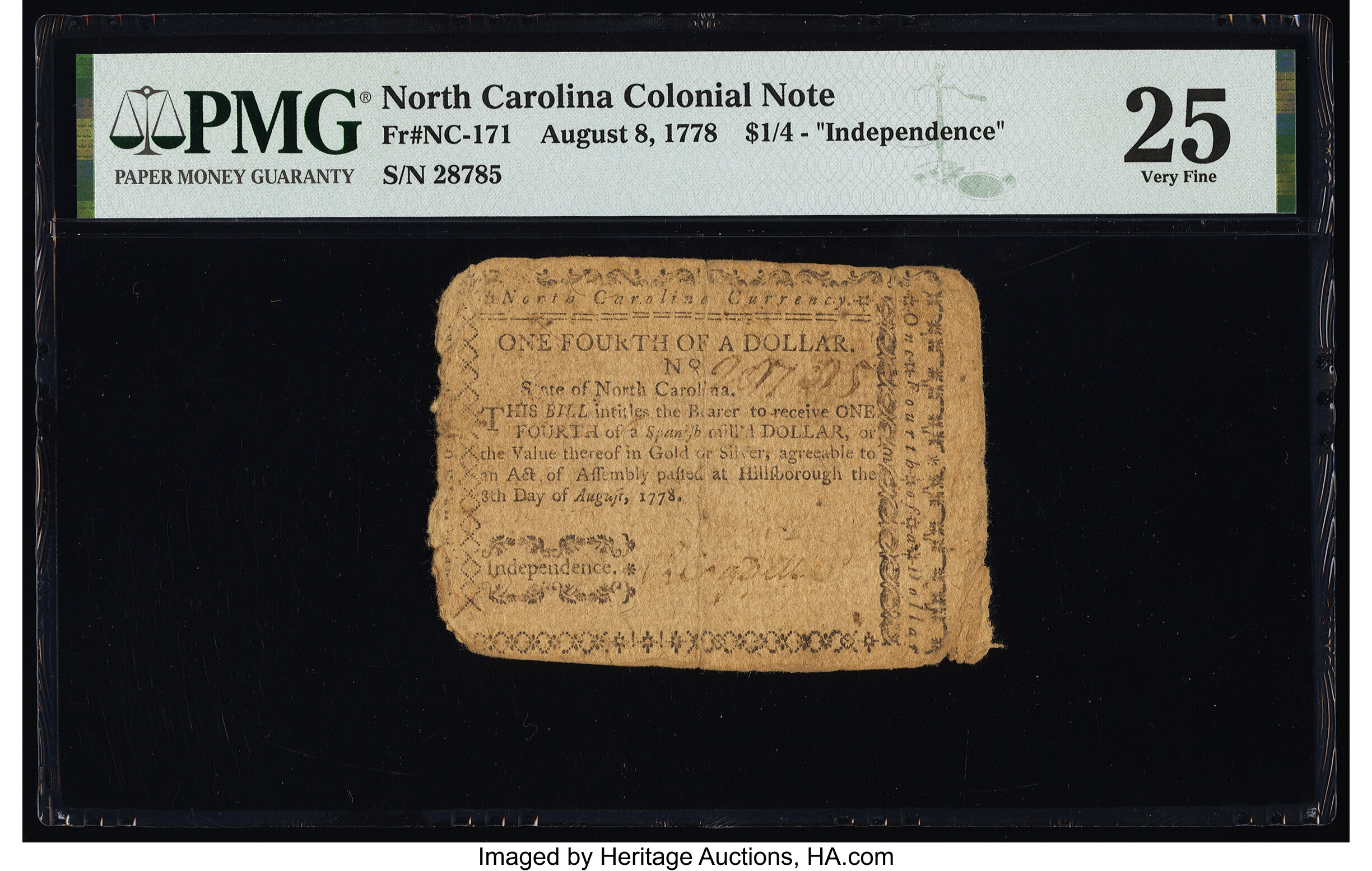 image for: North Carolina August 8, 1778 $1/4 Independence PMG Very Fine 25....
