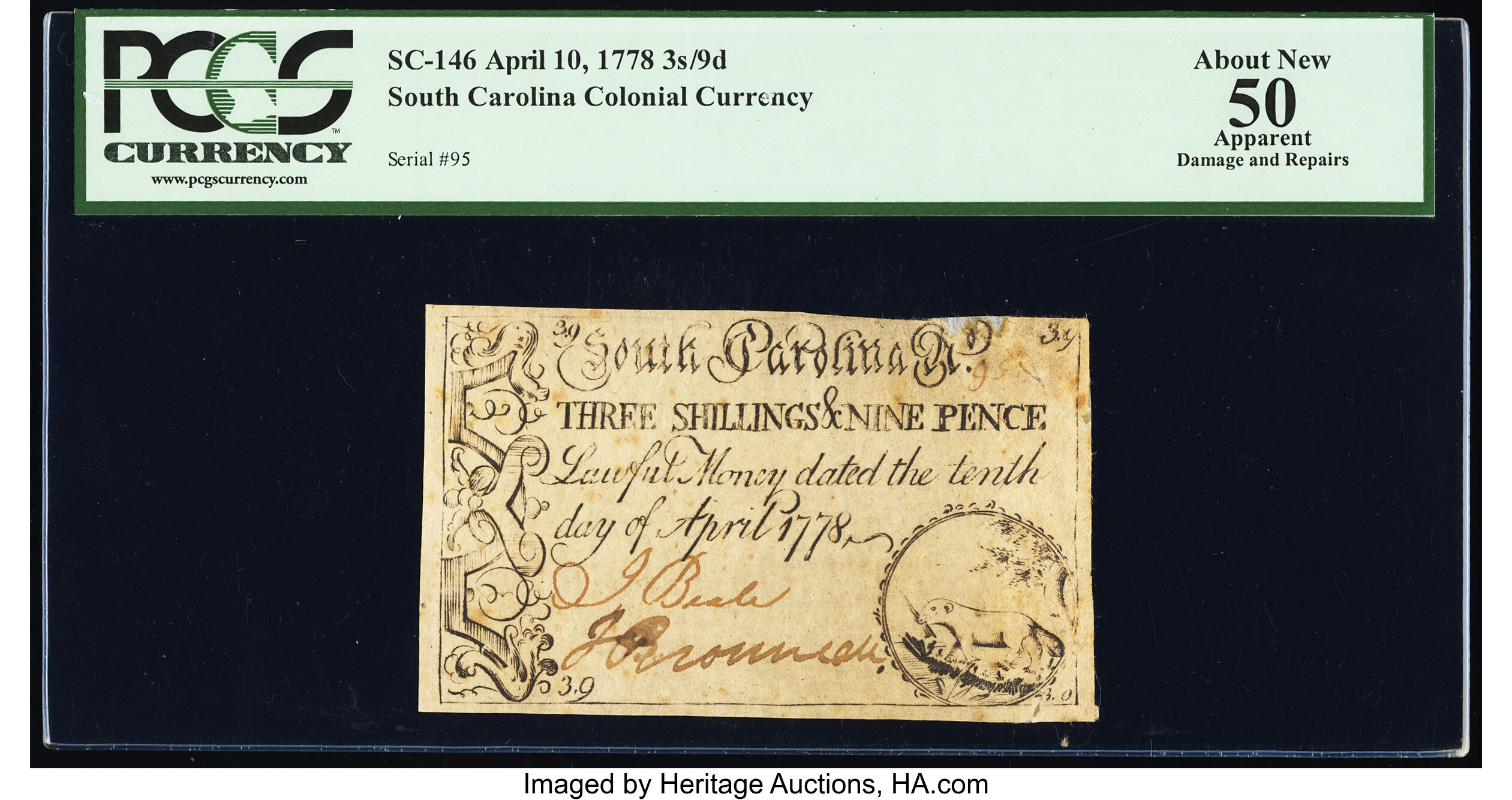 image for: South Carolina April 10, 1778 3s 9d PCGS Apparent About New 50....