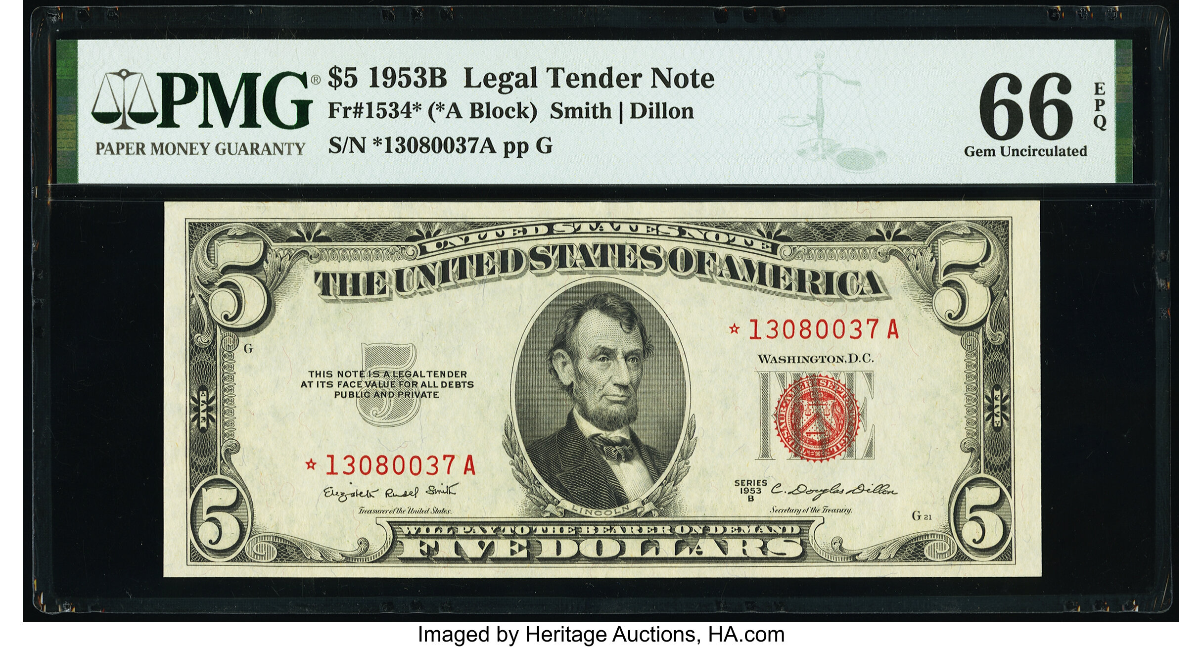 image for: Fr. 1534* $5 1953B Legal Tender Star Note. PMG Gem Uncirculated 66 EPQ....