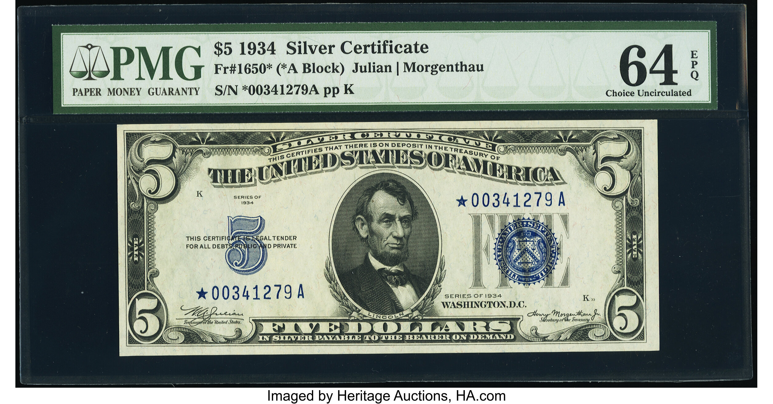 image for: Fr. 1650* $5 1934 Silver Certificate Star. PMG Choice Uncirculated 64 EPQ....