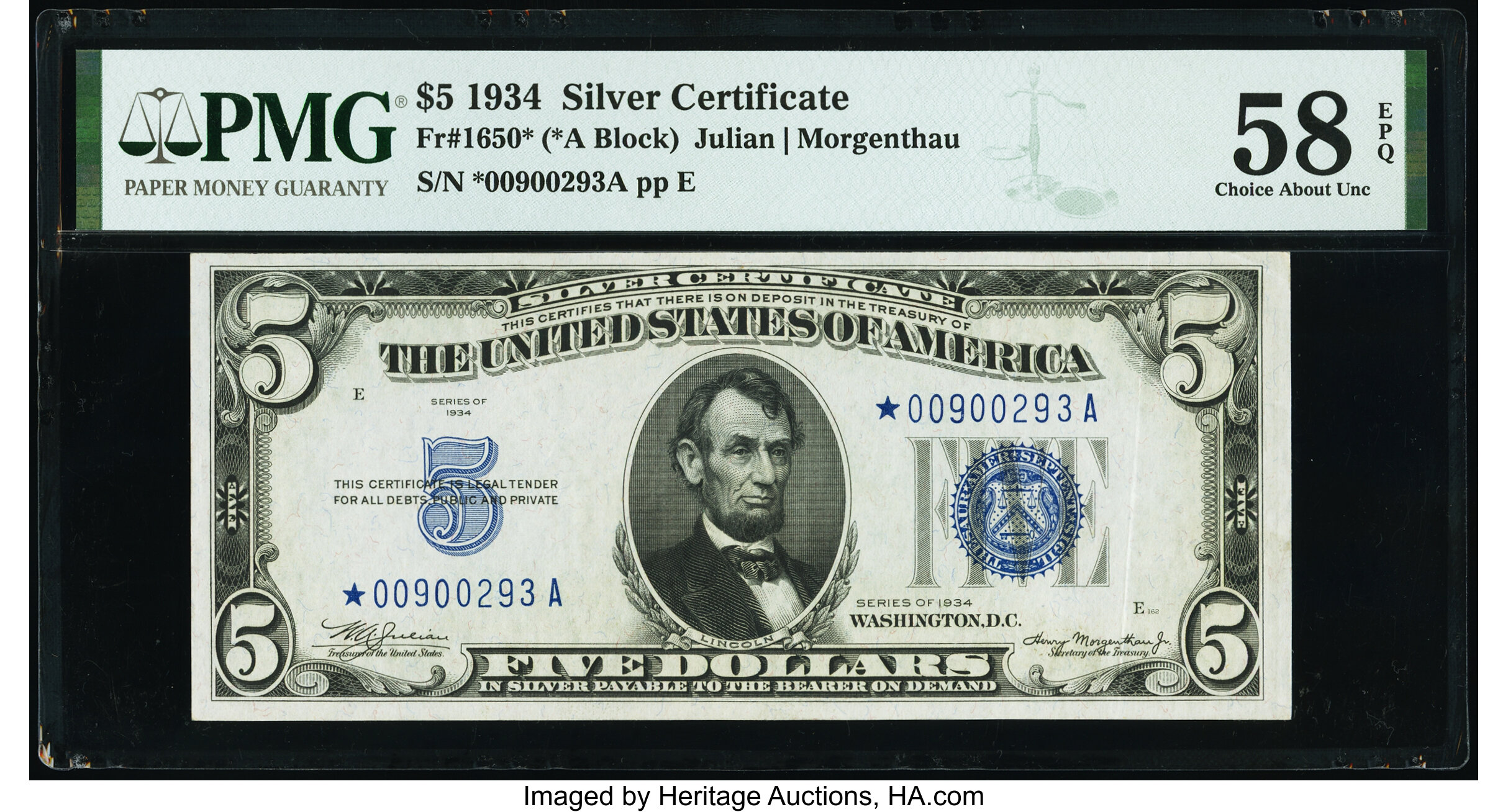 image for: Fr. 1650* $5 1934 Silver Certificate Star. PMG Choice About Unc 58 EPQ....
