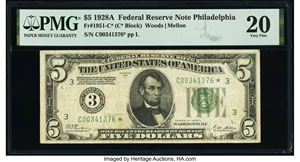 image for: Fr. 1951-C* $5 1928A Federal Reserve Star Note. PMG Very Fine 20....