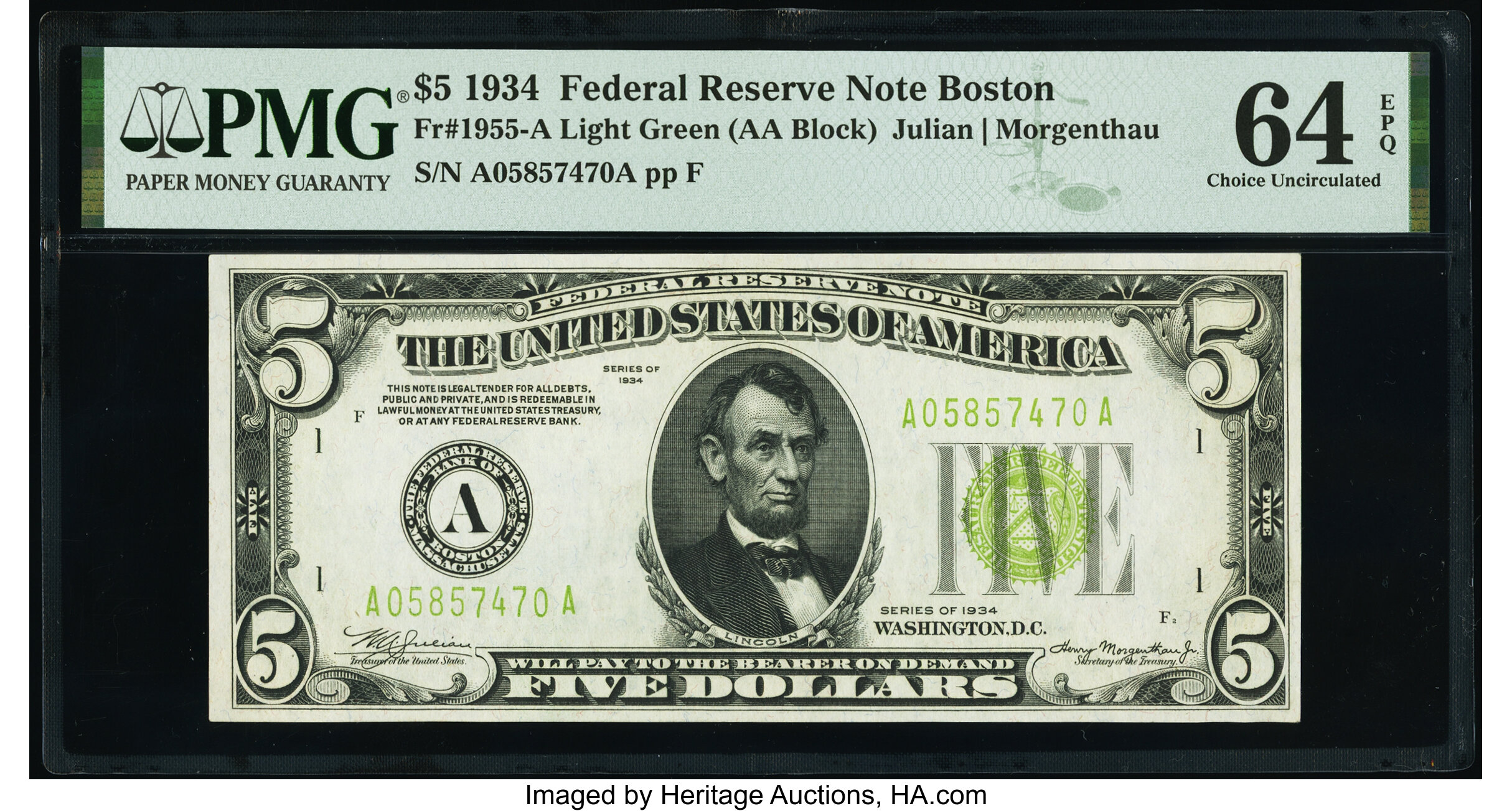 image for: Fr. 1955-A $5 1934 Federal Reserve Note. PMG Choice Uncirculated 64 EPQ....