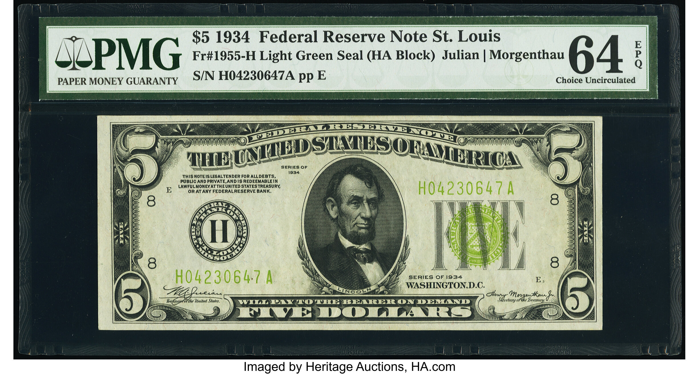 image for: Fr. 1955-H $5 1934 Federal Reserve Note. PMG Choice Uncirculated 64 EPQ....