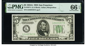 image for: Fr. 1957-L $5 1934A Federal Reserve Note. PMG Gem Uncirculated 66 EPQ....