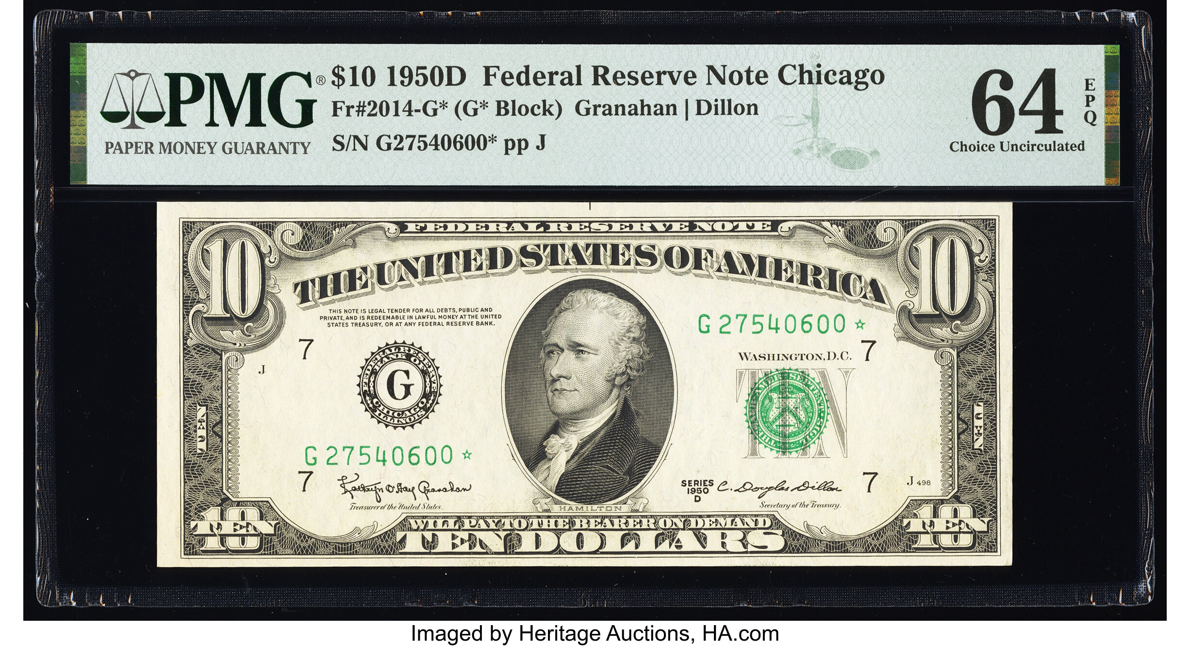image for: Fr. 2014-G* $10 1950D Federal Reserve Star Note. PMG Choice Uncirculated 64 EPQ....