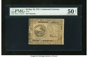 image for: Continental Currency May 10, 1775 $6 PMG About Uncirculated 50 Net....