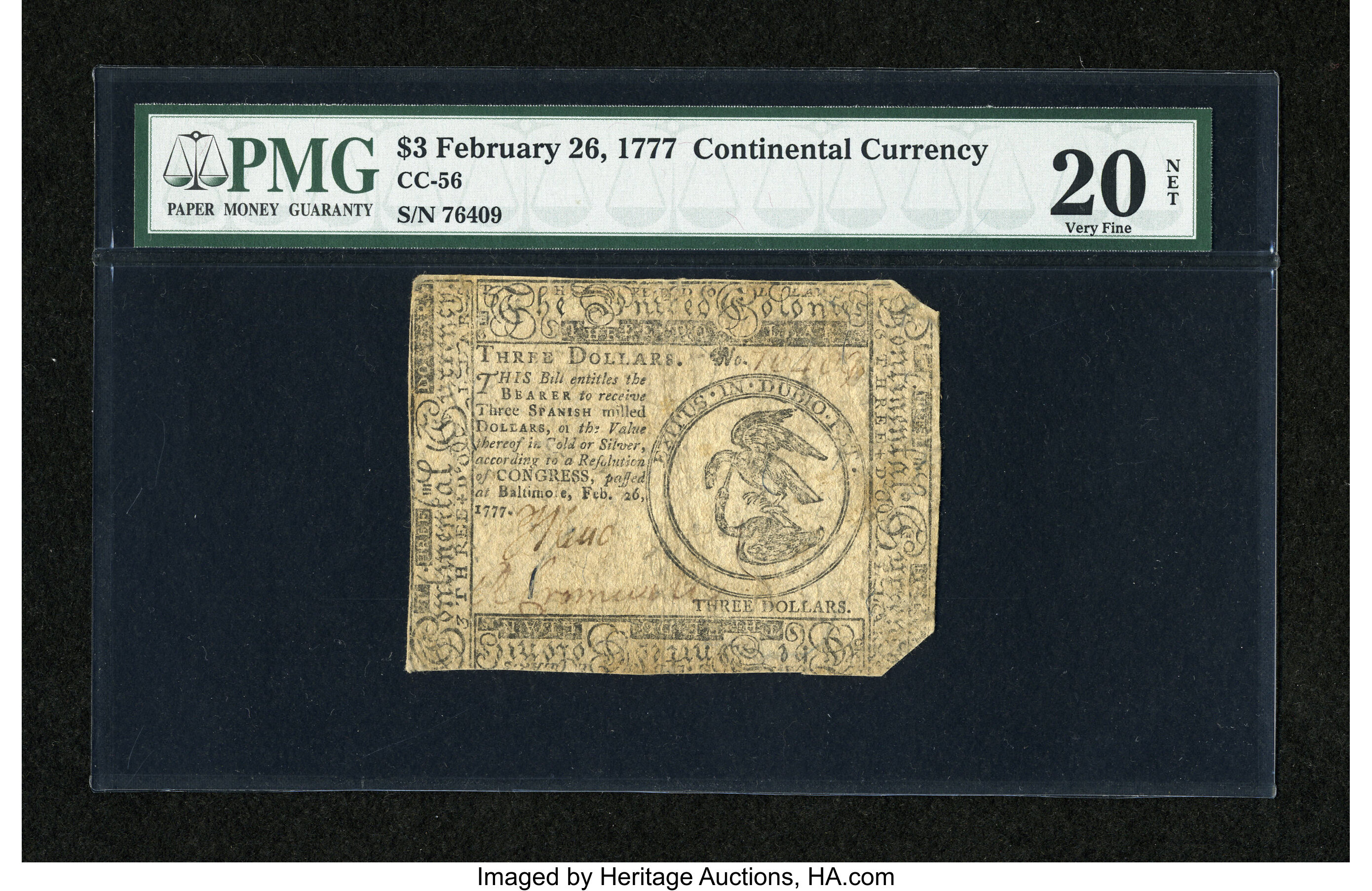 image for: Continental Currency February 26, 1777 $3 PMG Very Fine 20 Net....