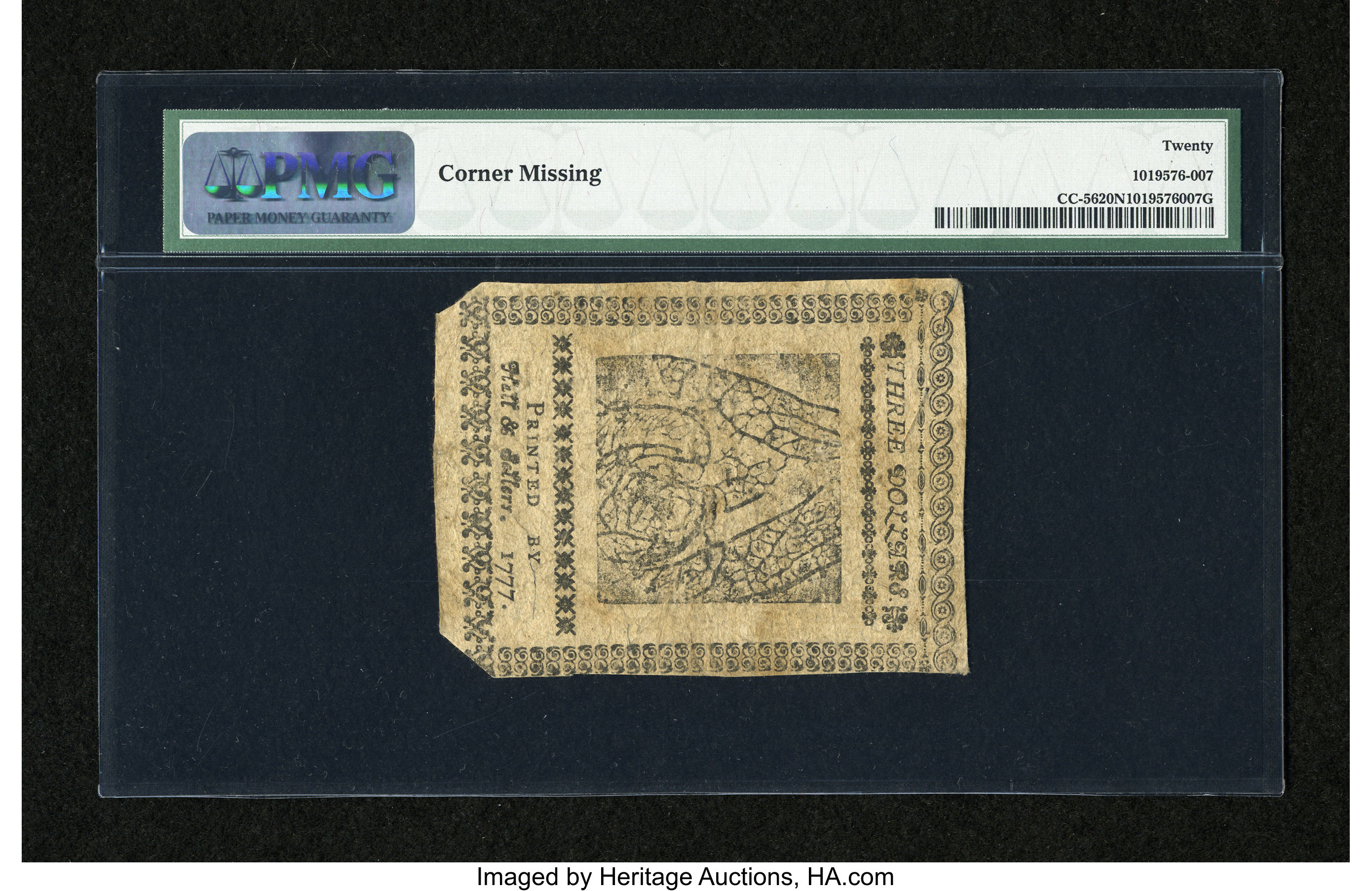 image for: Continental Currency February 26, 1777 $3 PMG Very Fine 20 Net....